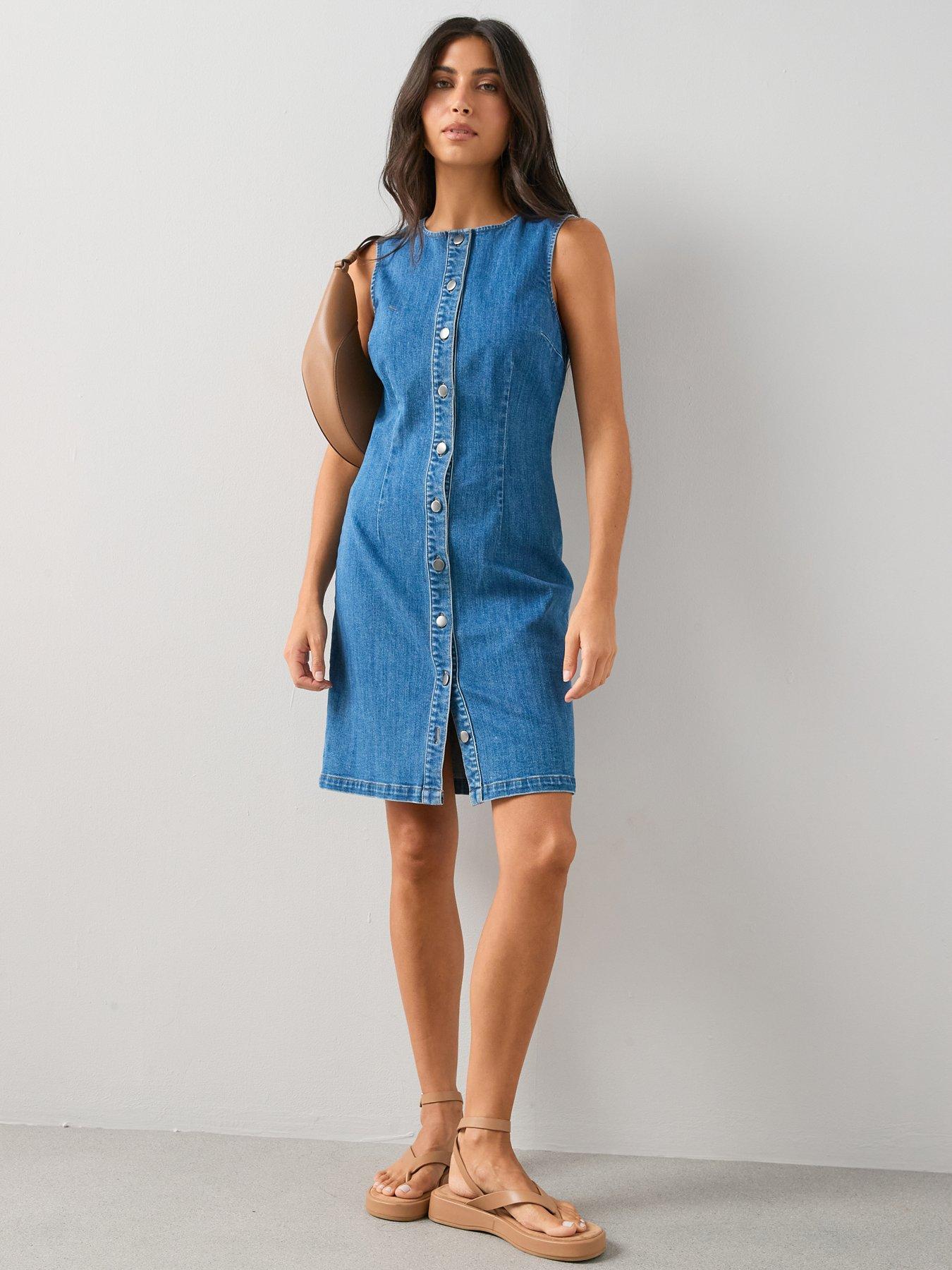 Image 3 of 6 of The Very Collection Popper Front Denim Column Dress - Mid Wash