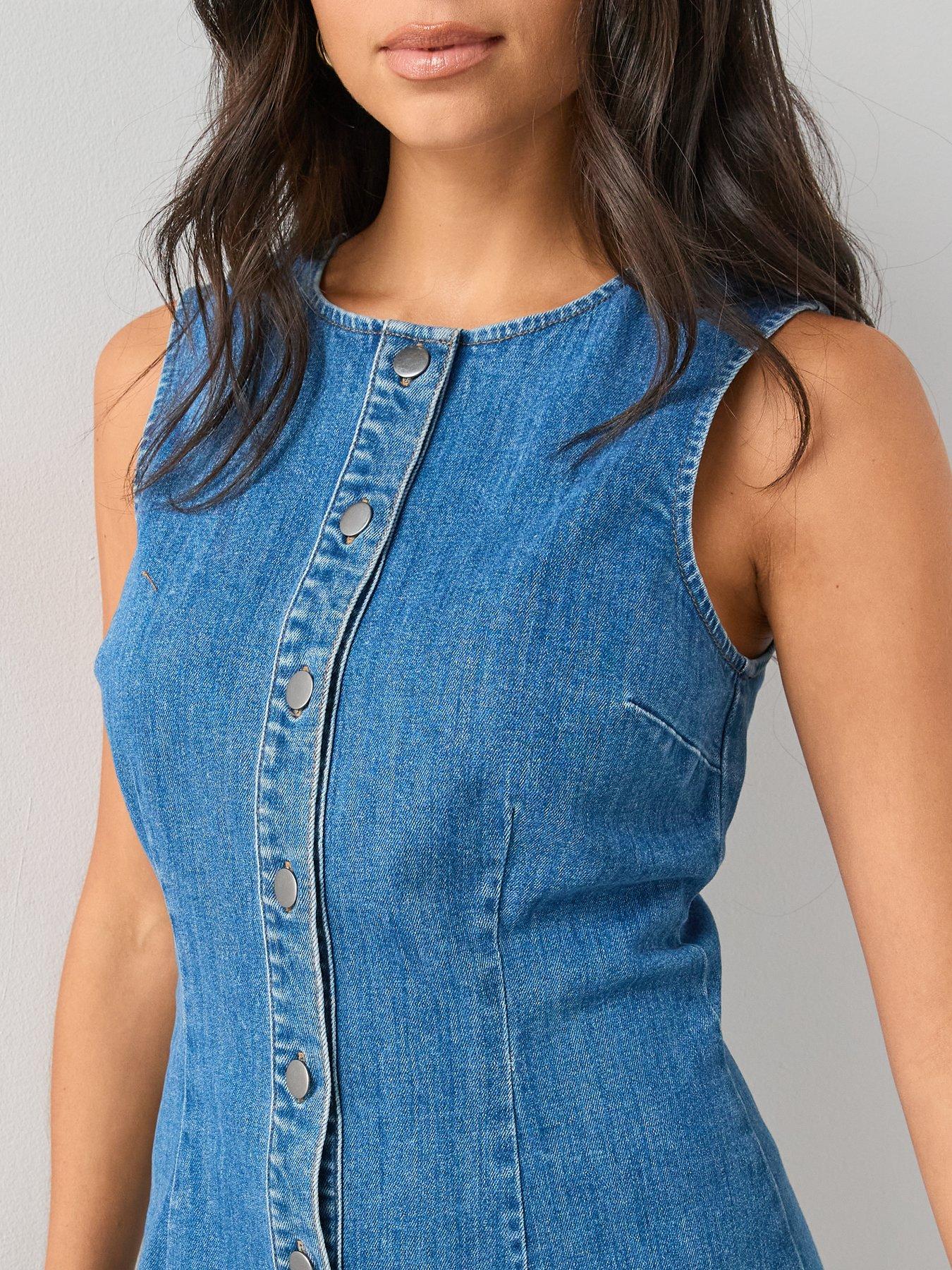 Image 4 of 6 of The Very Collection Popper Front Denim Column Dress - Mid Wash