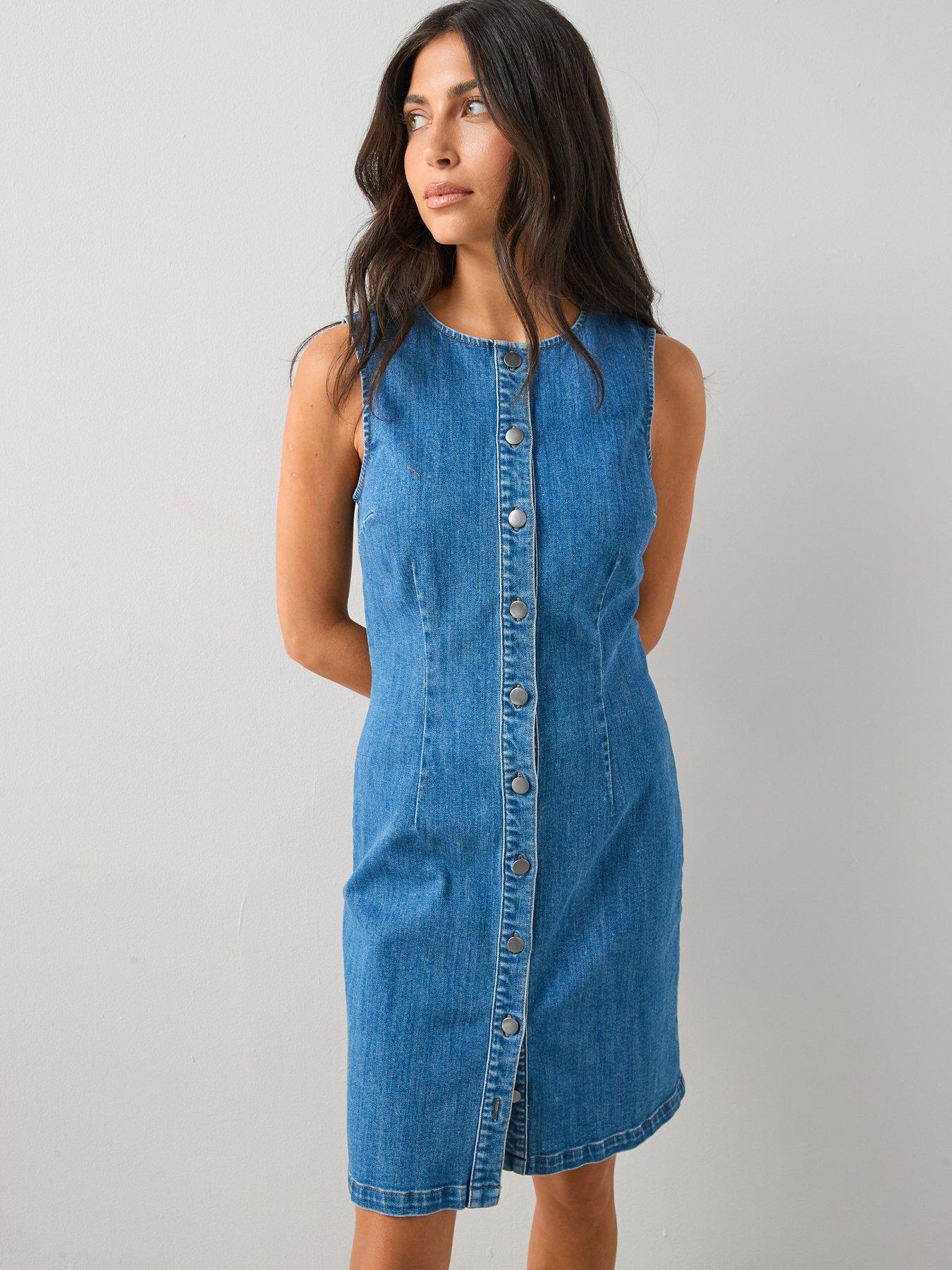 Image 5 of 6 of The Very Collection Popper Front Denim Column Dress - Mid Wash