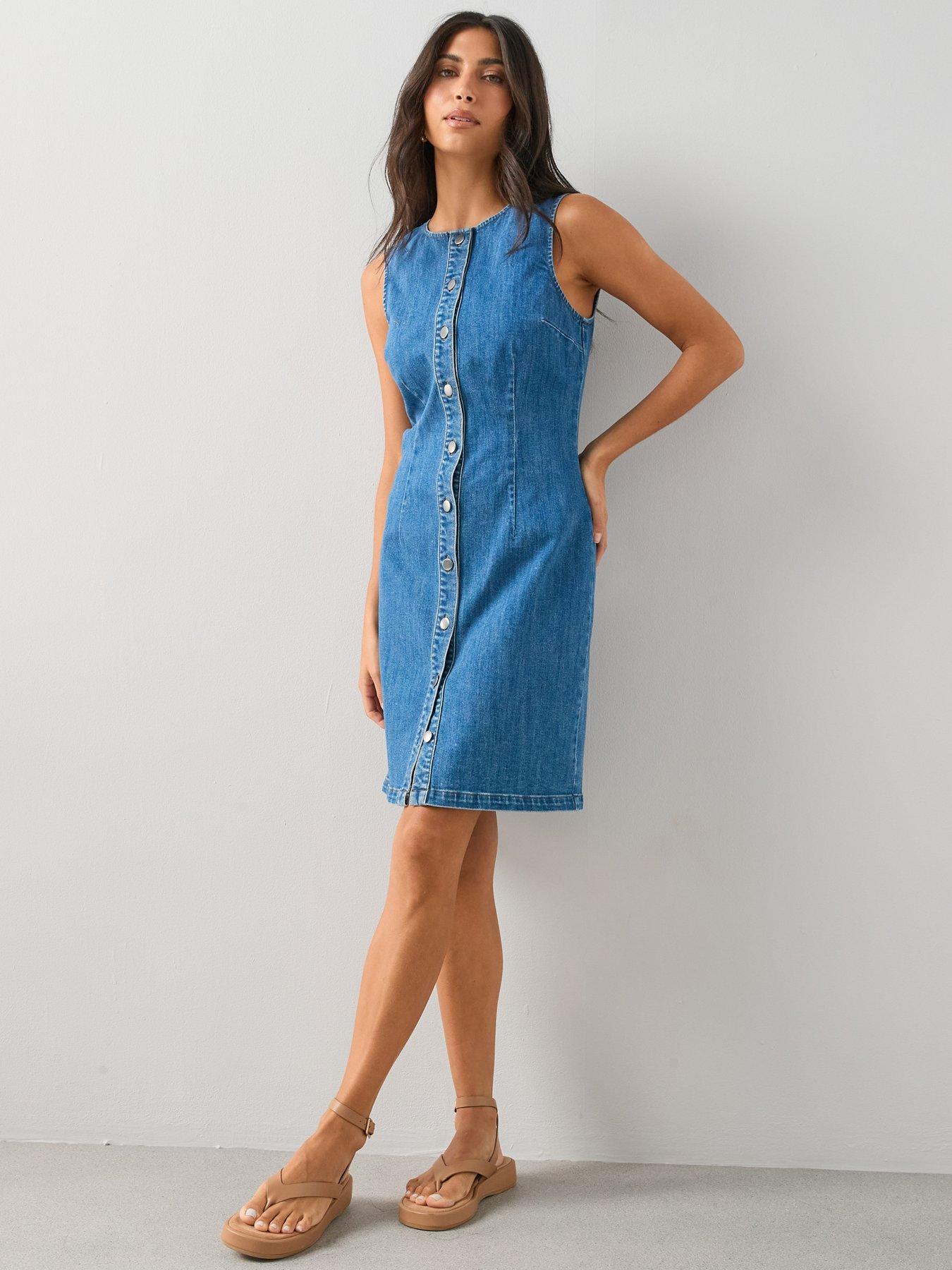 Image 6 of 6 of The Very Collection Popper Front Denim Column Dress - Mid Wash