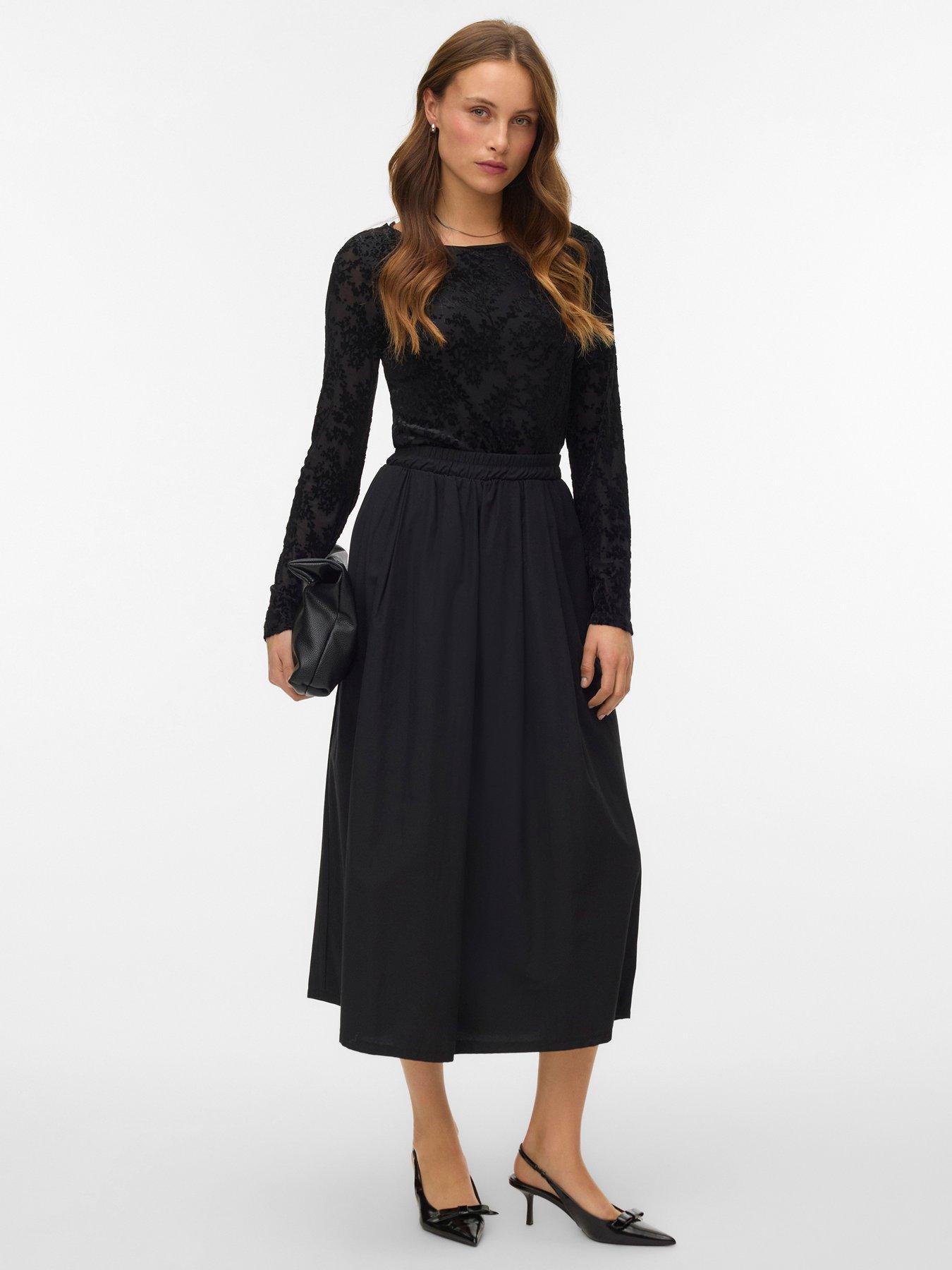 Vero Moda Long Sleeve Boat Neck Lace Top - Black