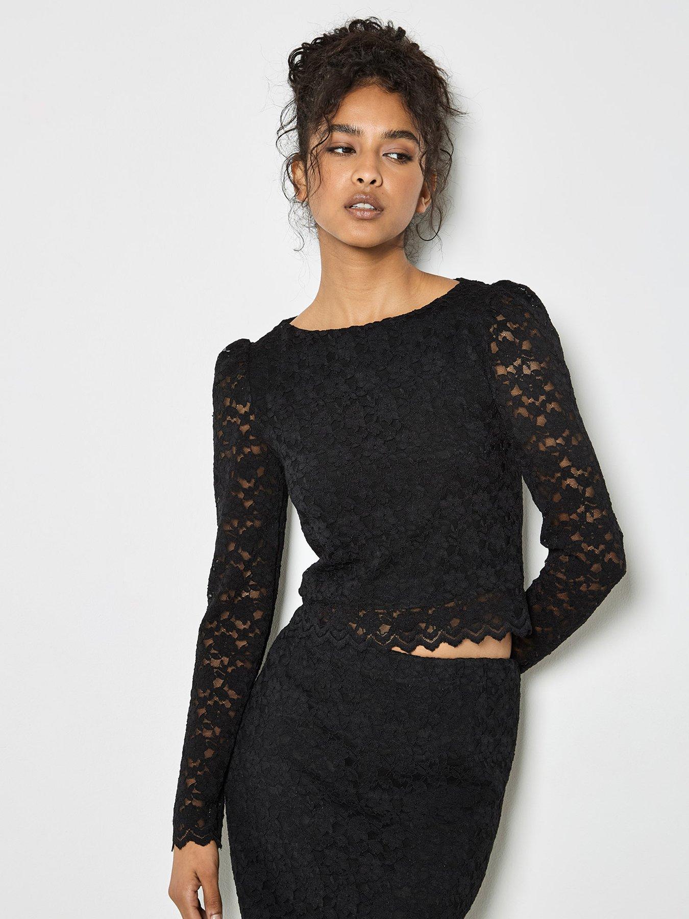 Apricot Leaf Corded Lace Midi Skirt - Black
