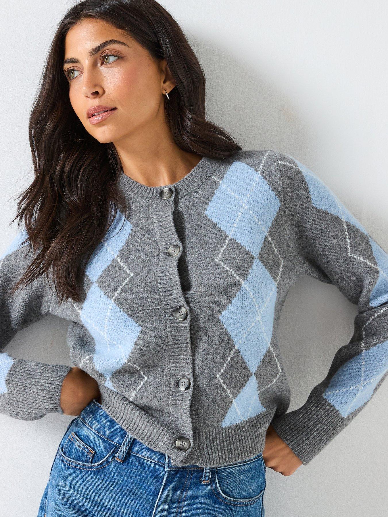 Only Argyle long Sleeve Button Cardigan - Grey