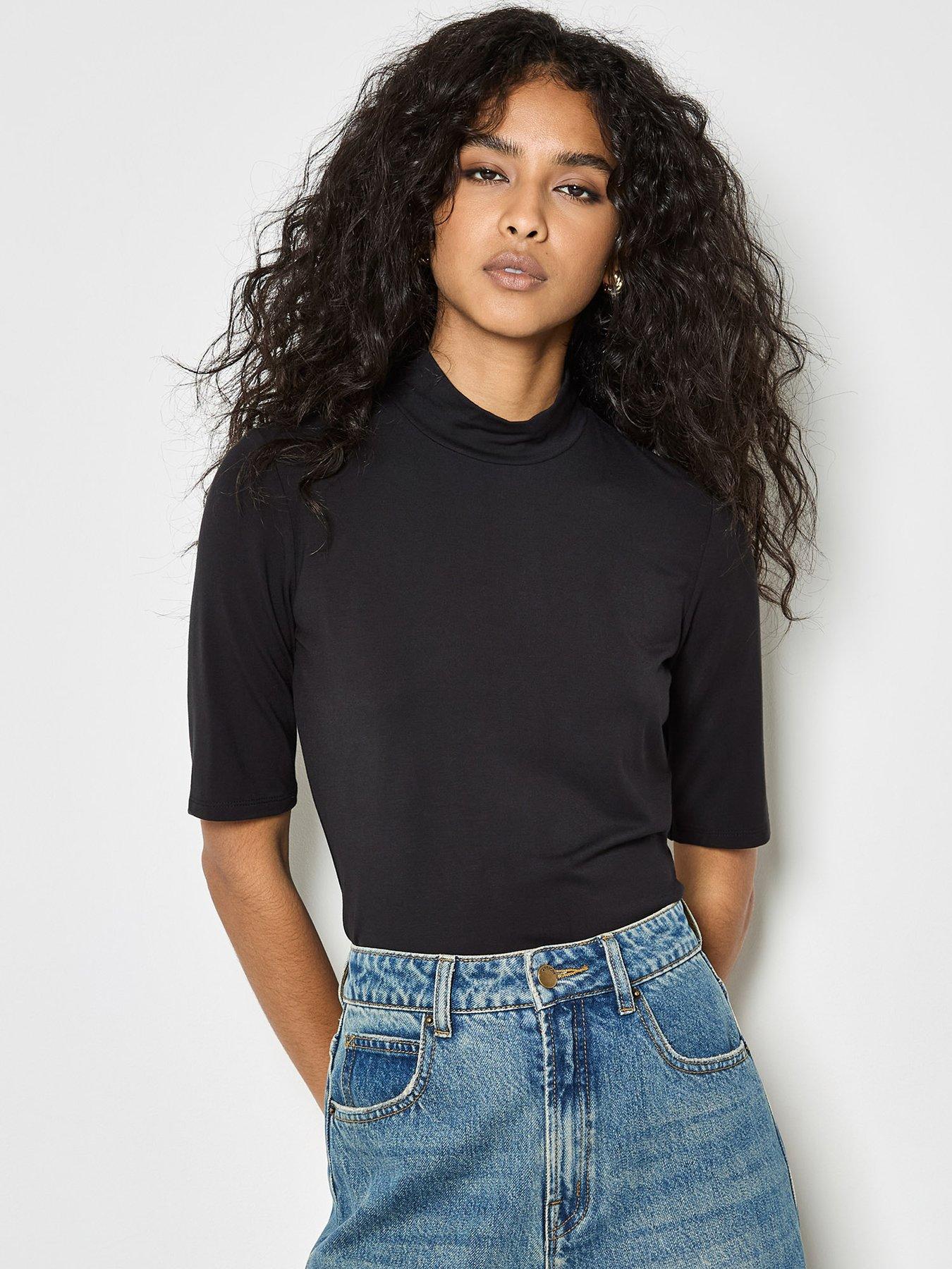 Apricot Mock Neck Half Sleeve Top - Black