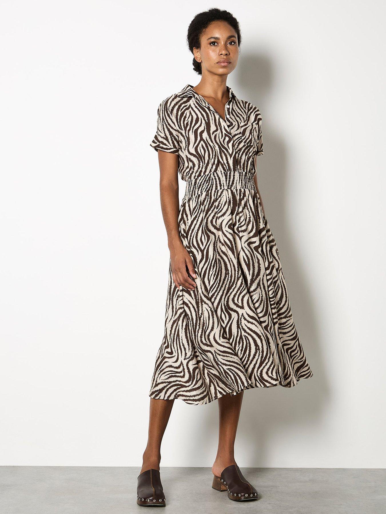 Apricot Ikat Zebra Midi Shirt Dress - Khaki