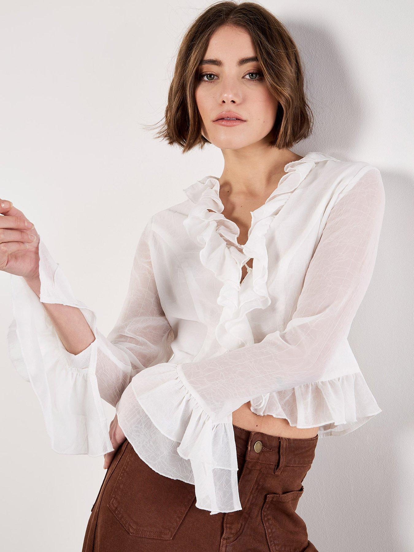 Apricot Ruffle Tie Up Crop Top - Cream