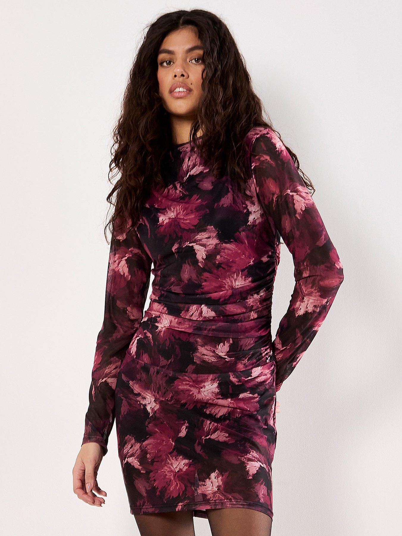 Apricot Paintbrush Floral Mesh Midi Dress - Black