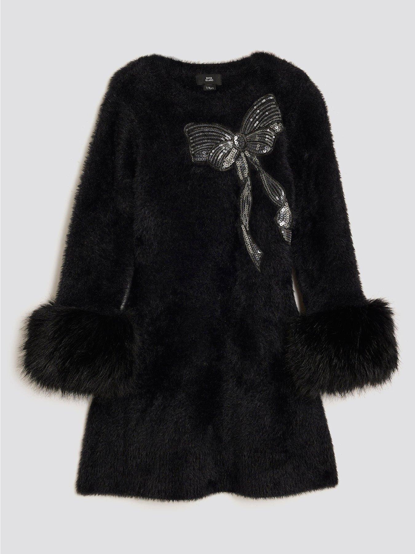 River Island Older Girls Fur Cuff Sequin Bow Skater Dress - Black