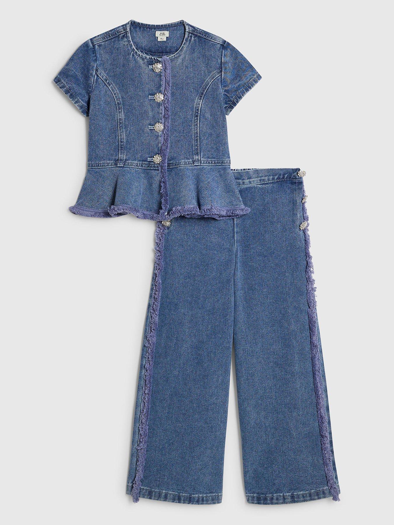 River Island Older Girls Denim Peplum Top Set - Blue