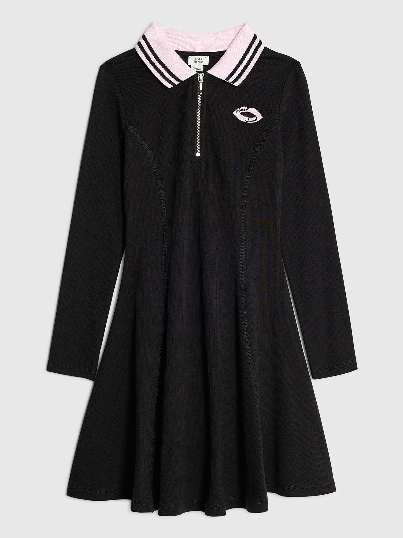River Island Older Girls Long Sleeved Ribbed Zip Polo Dress - Black