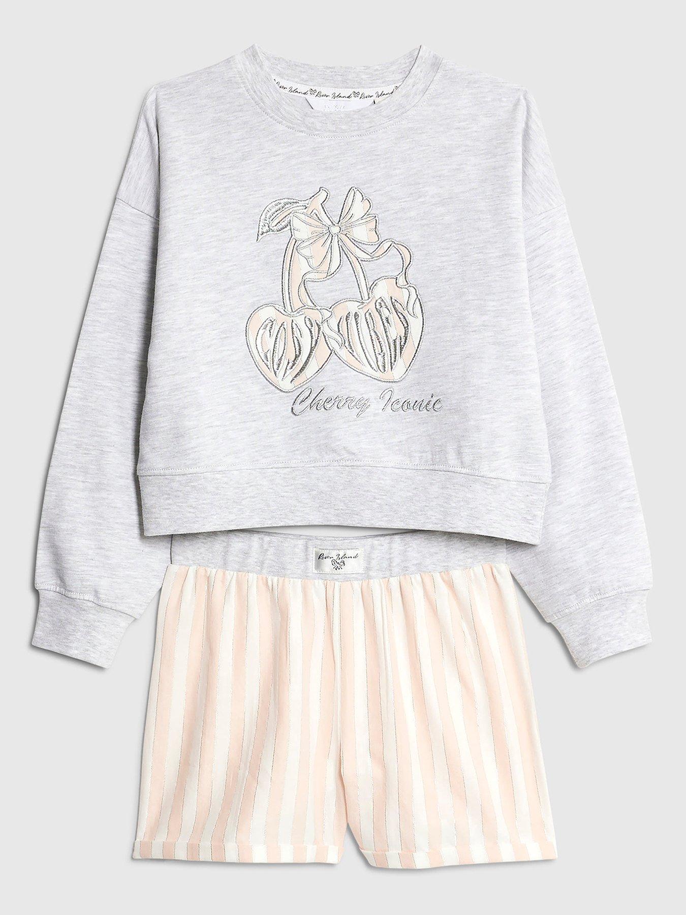 Image 1 of 4 of River Island Older Girls Cherry Short Pyjamas Set - Grey