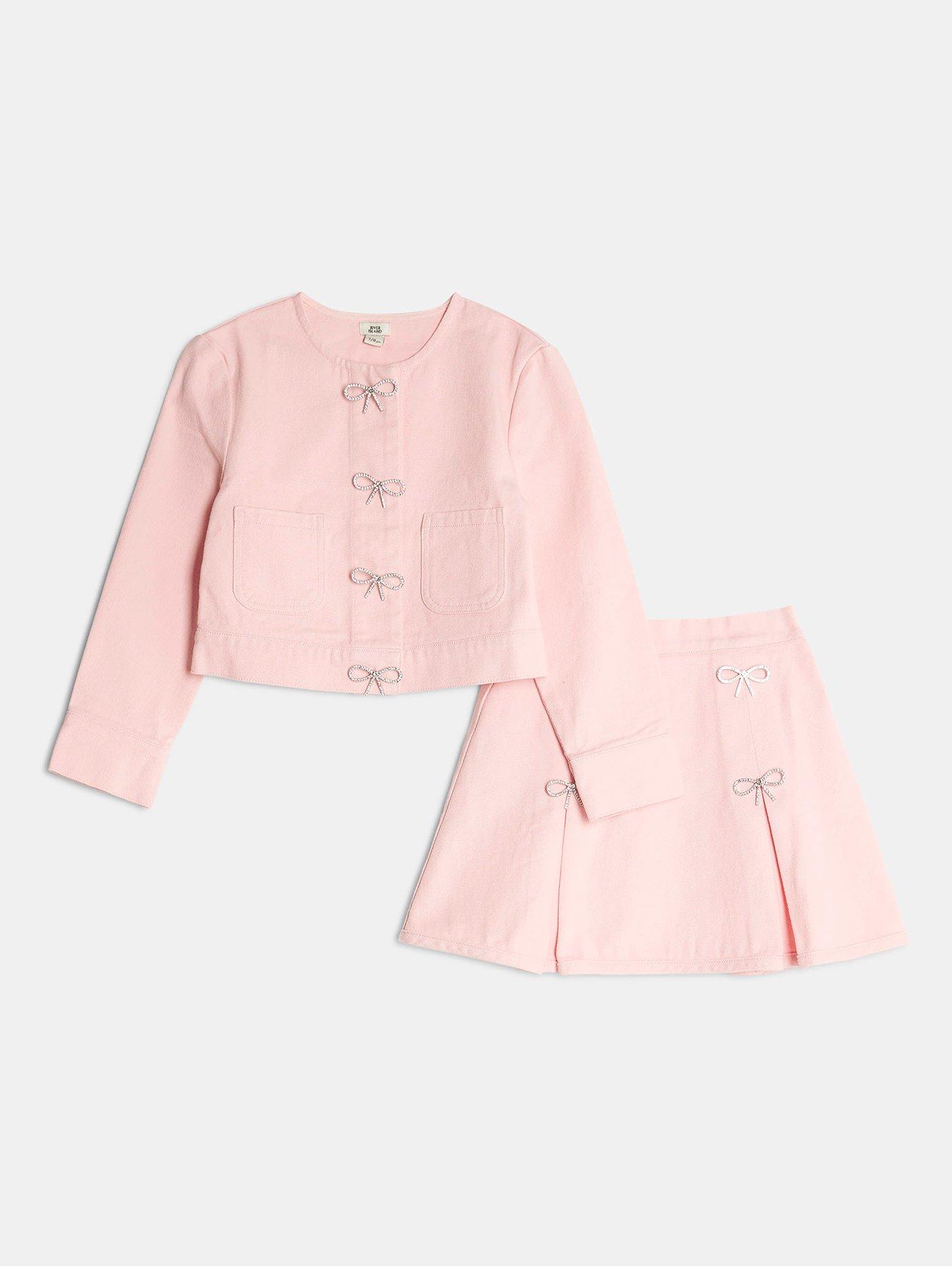 River Island: Older Girls Denim Diamante Bow Skirt Set - Pink