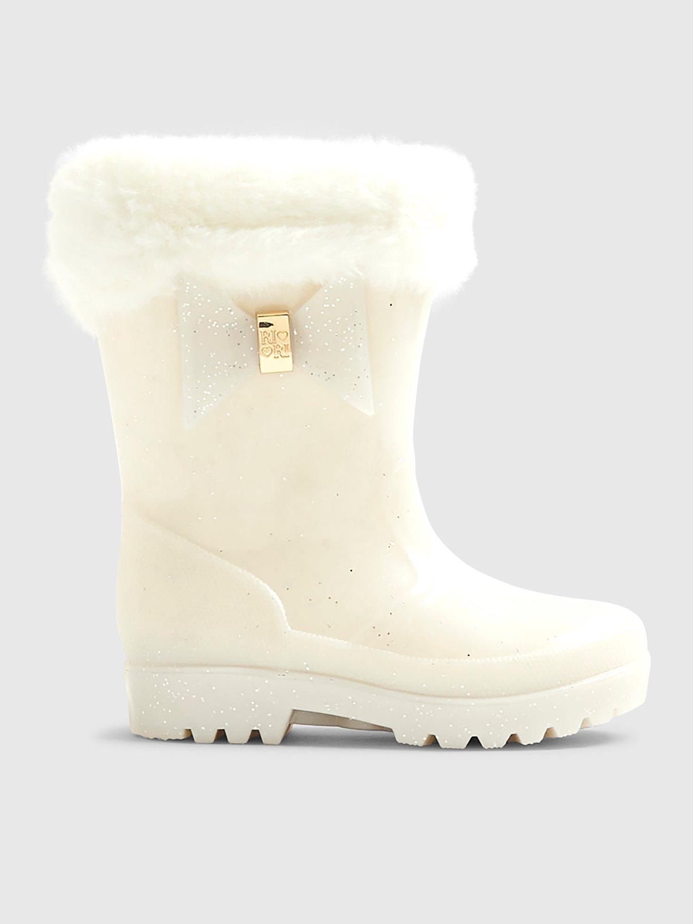 River Island Mini Girls Bow Faux Fur Glitter Wellies - Cream