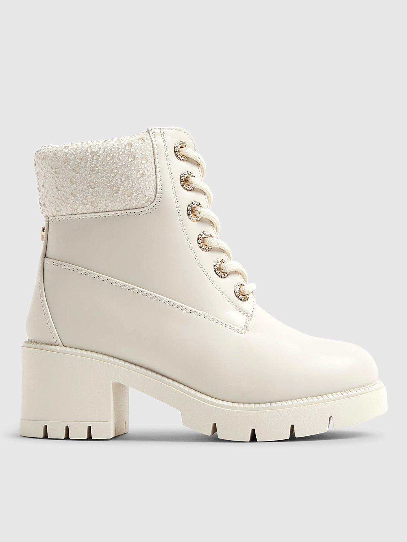 River Island Older Girls Diamante Lace Up Heel Boots - Cream