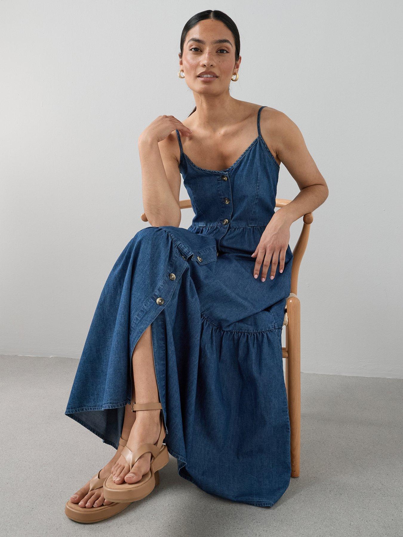 chinese dress ladies Rosetta Strappy Denim Maxi Dress Denim / Large