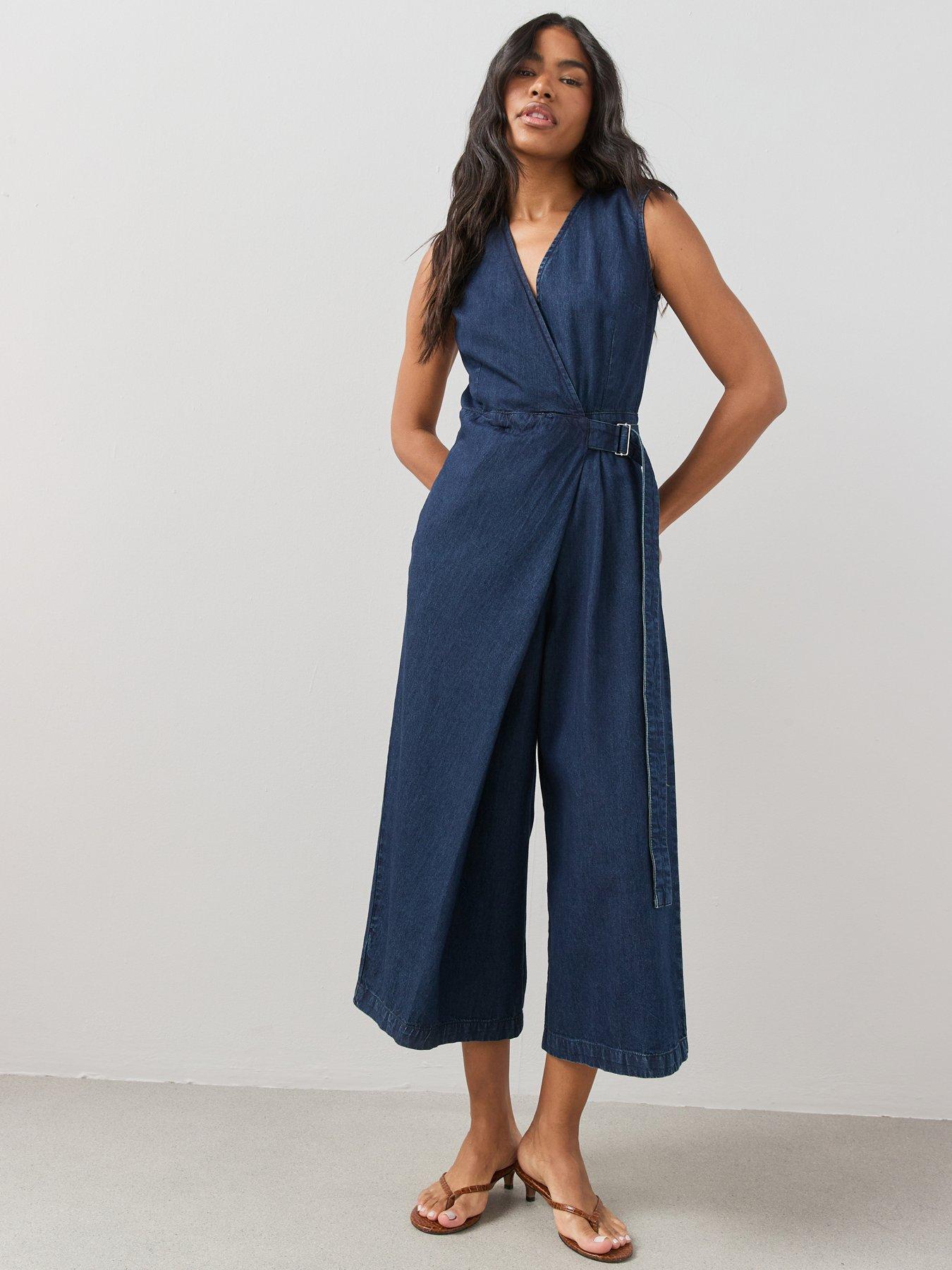 Image 1 of 7 of The Very Collection Denim Wrap Jumpsuit - Dark Wash