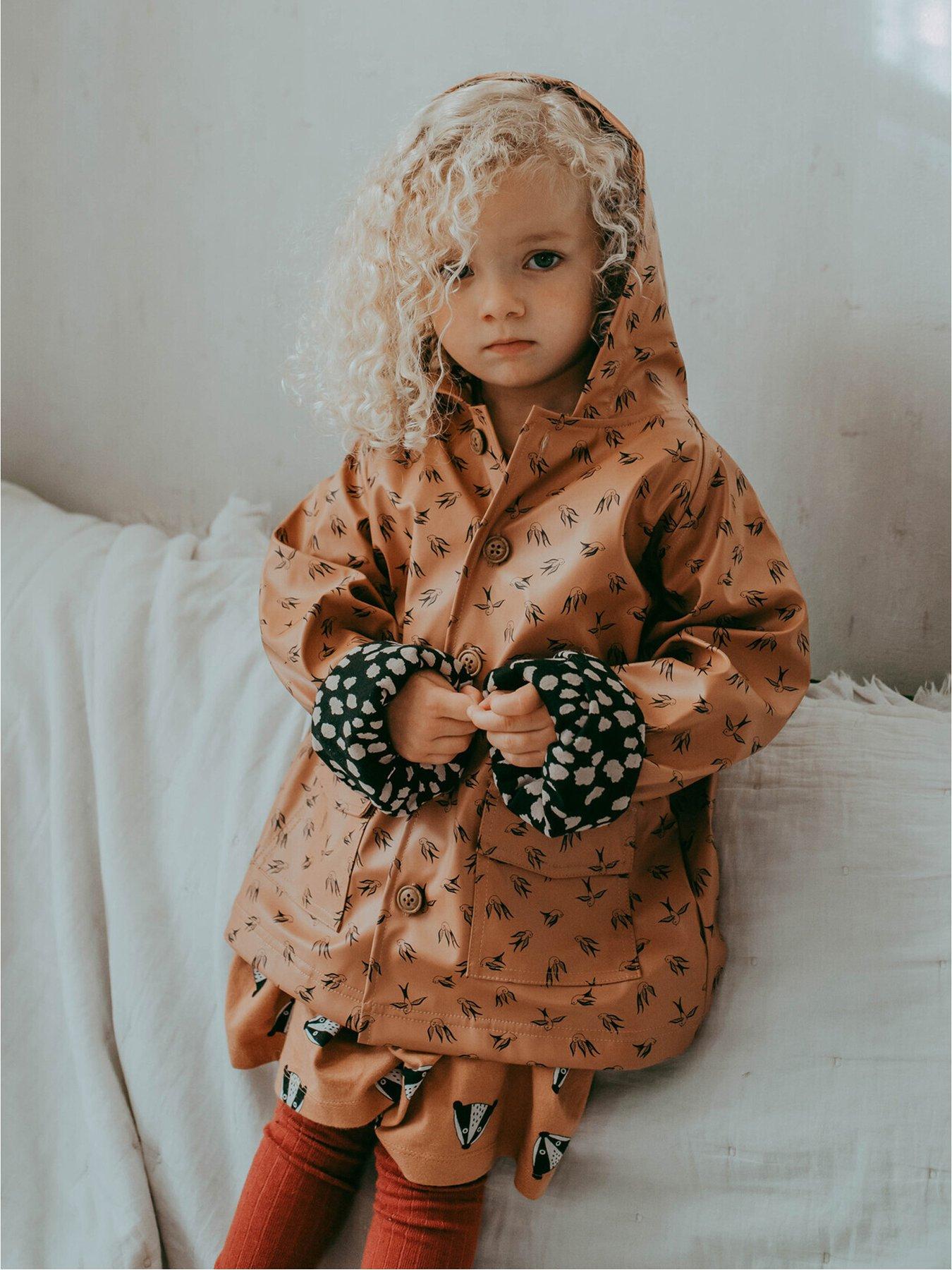 undefined Turtledove London Kids Orange Dancing Bird Print Hooded Sustainable Raincoat