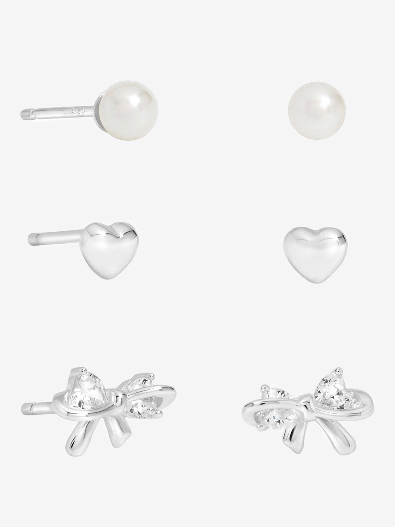Simply Silver Sterling Silver 925 Polished and Pearl Bow Earrings - Pack of 3