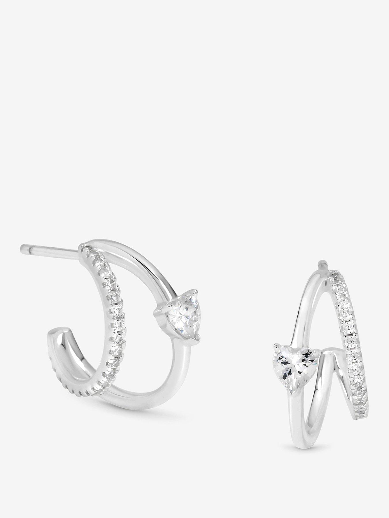 Simply Silver Sterling Silver 925 Polished and Pave Double Row Heart Hoop Earrings