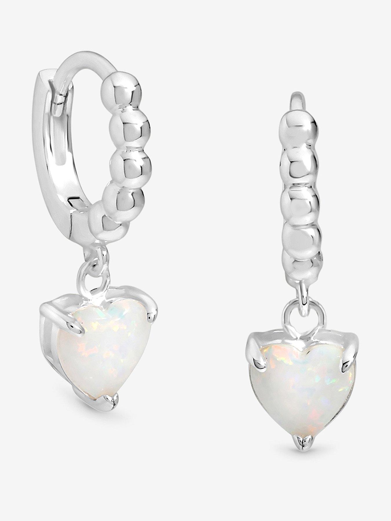 Simply Silver Sterling Silver 925 Polished and Opal Heart Hoop Earrings