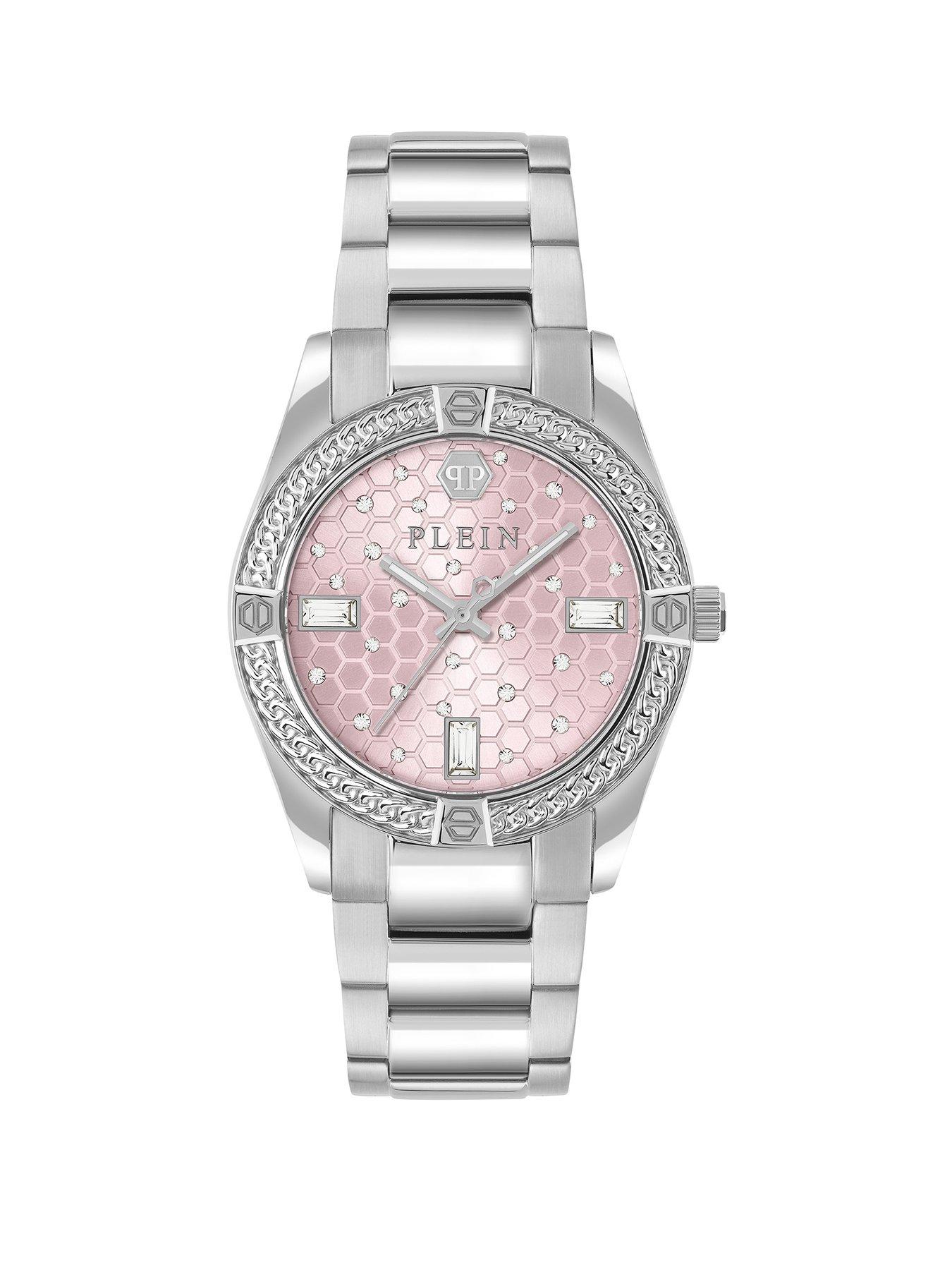 Philipp Plein Icon Chain Stainless Steel Case, Pink Dial Crystal Watch