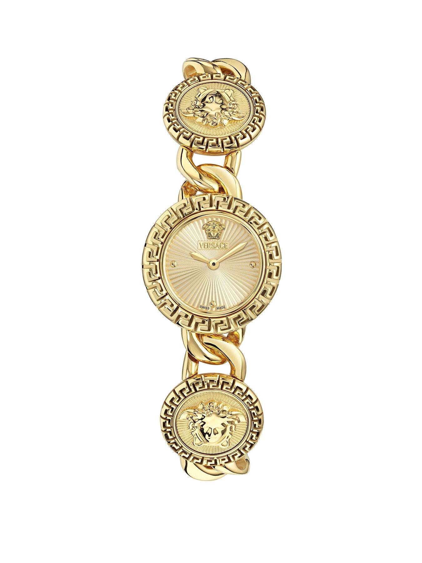 VERSACE La Greca Stud Icon, 28Mm Gold Tone Case, Gold Tone Dial
