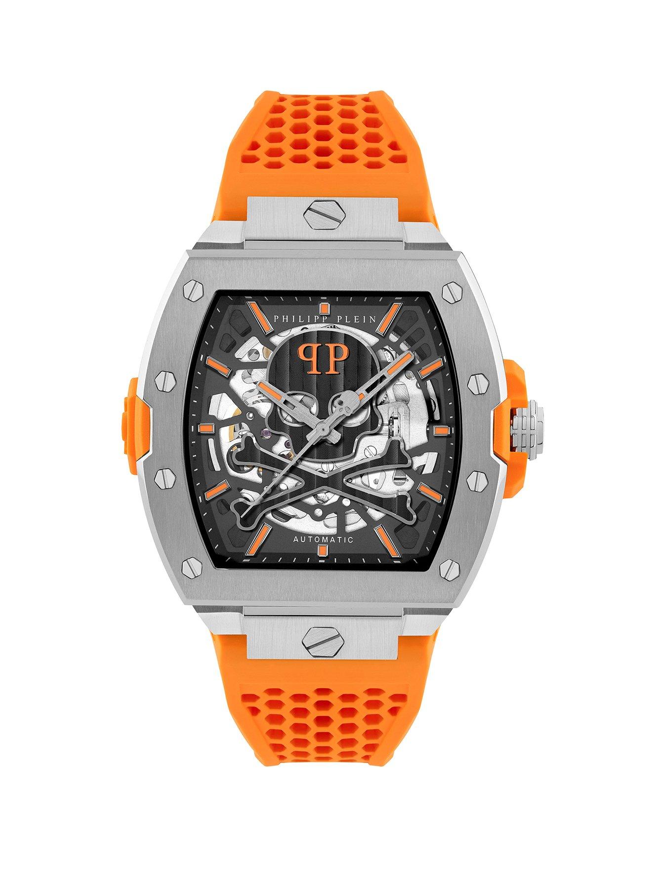 Philipp Plein The Skeleton Automatic, Stainless Steel Case, IP Gun Metal, Orange Silicone Strap Watch