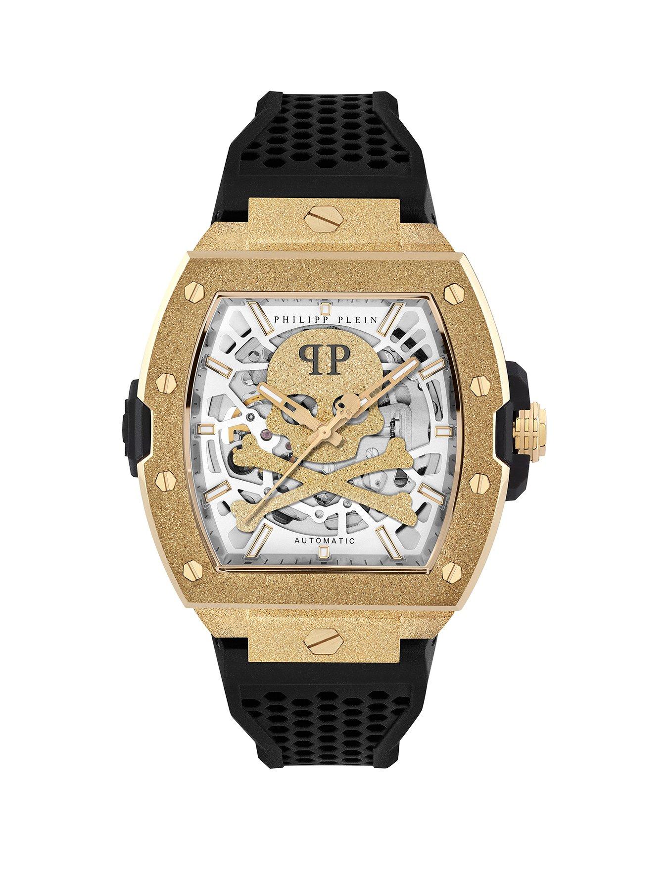 Philipp Plein The Skeleton Automatic, IPYG Case Frosted IPYG Dial, Black Silicone Strap Watch