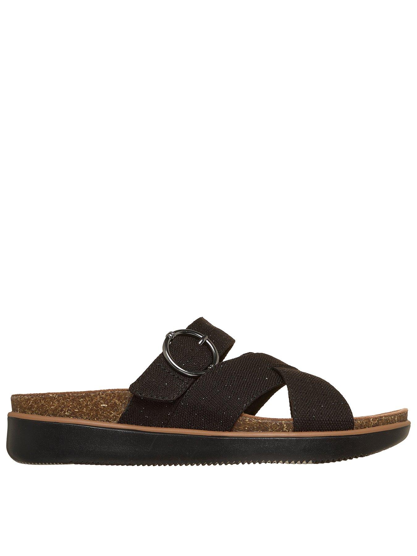 Skechers Lifted Comfort Sandal- Black Canvas/buckle, Black, Size 7, Women