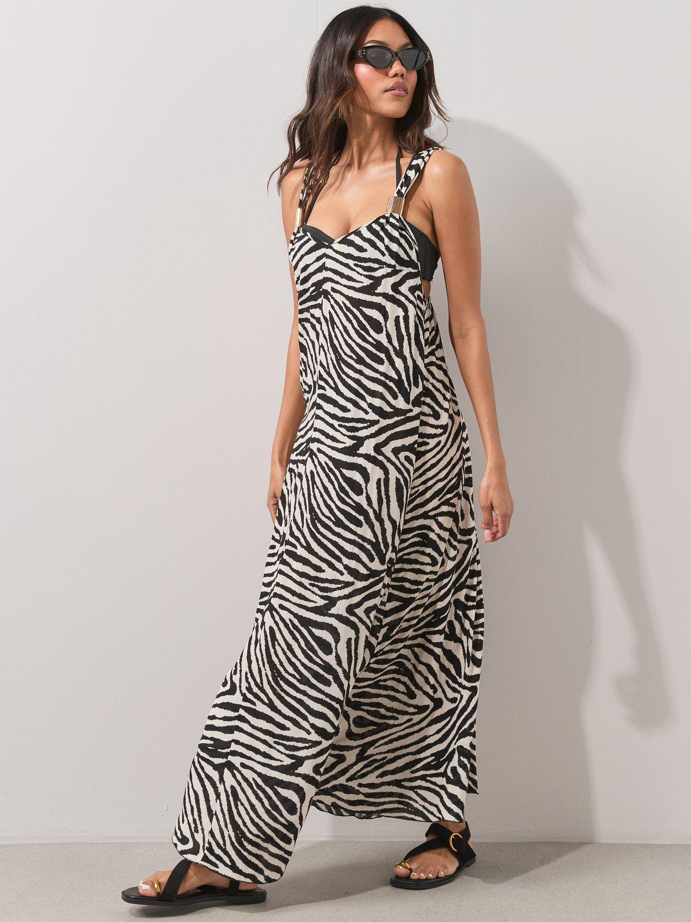 Image 3 of 7 of The Very Collection Gold Trim Zebra Maxi Beach Dress - Brown