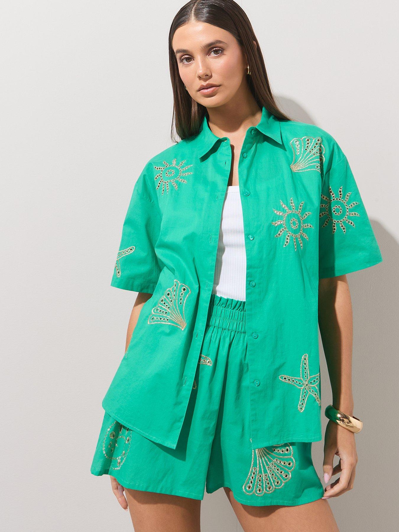 The Very Collection Shell Embroidered Beach Shirt - Green