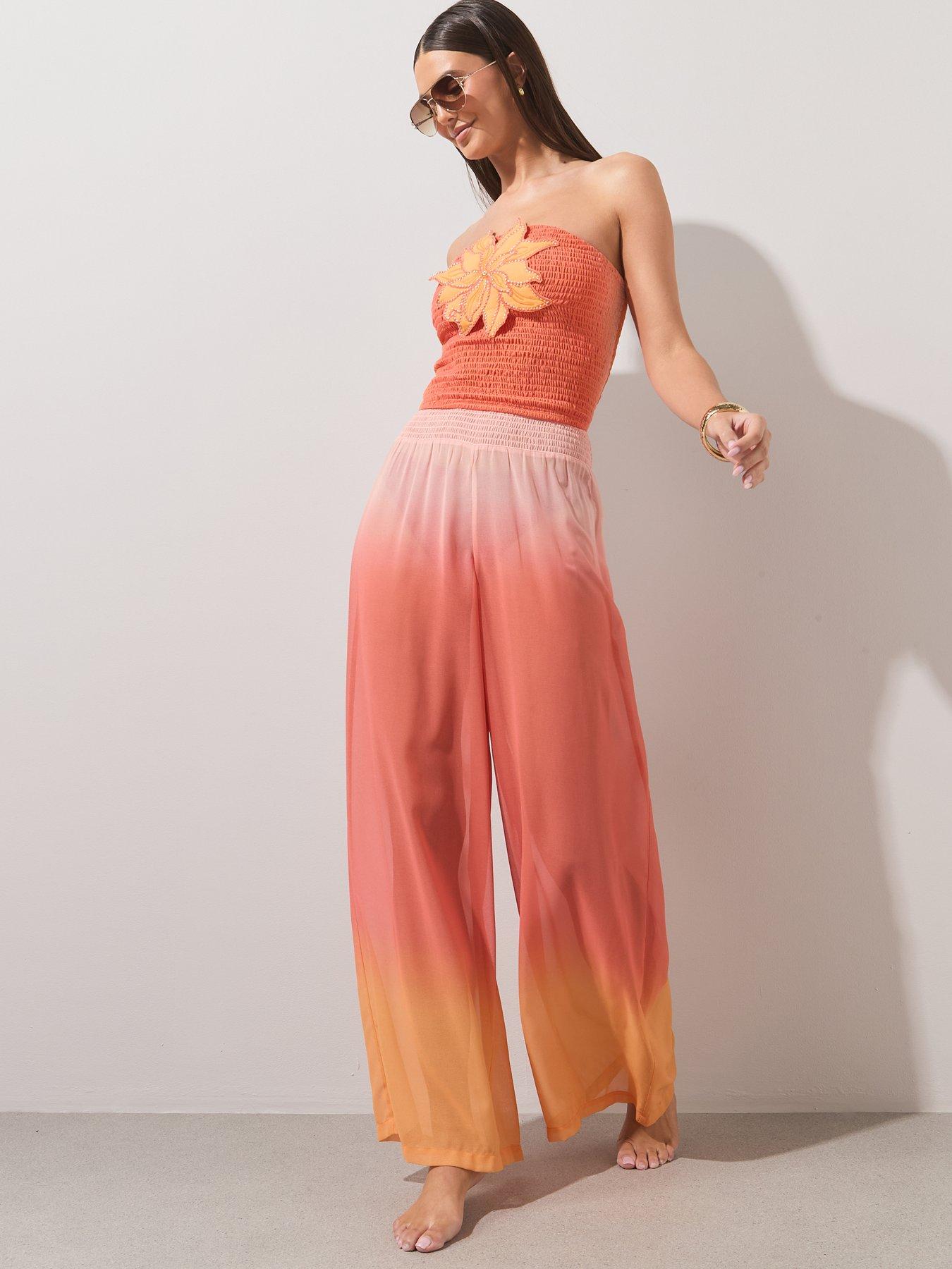 Image 3 of 6 of The Very Collection Shirred Ombre Sheer Beach Trouser Co Ord - Pink