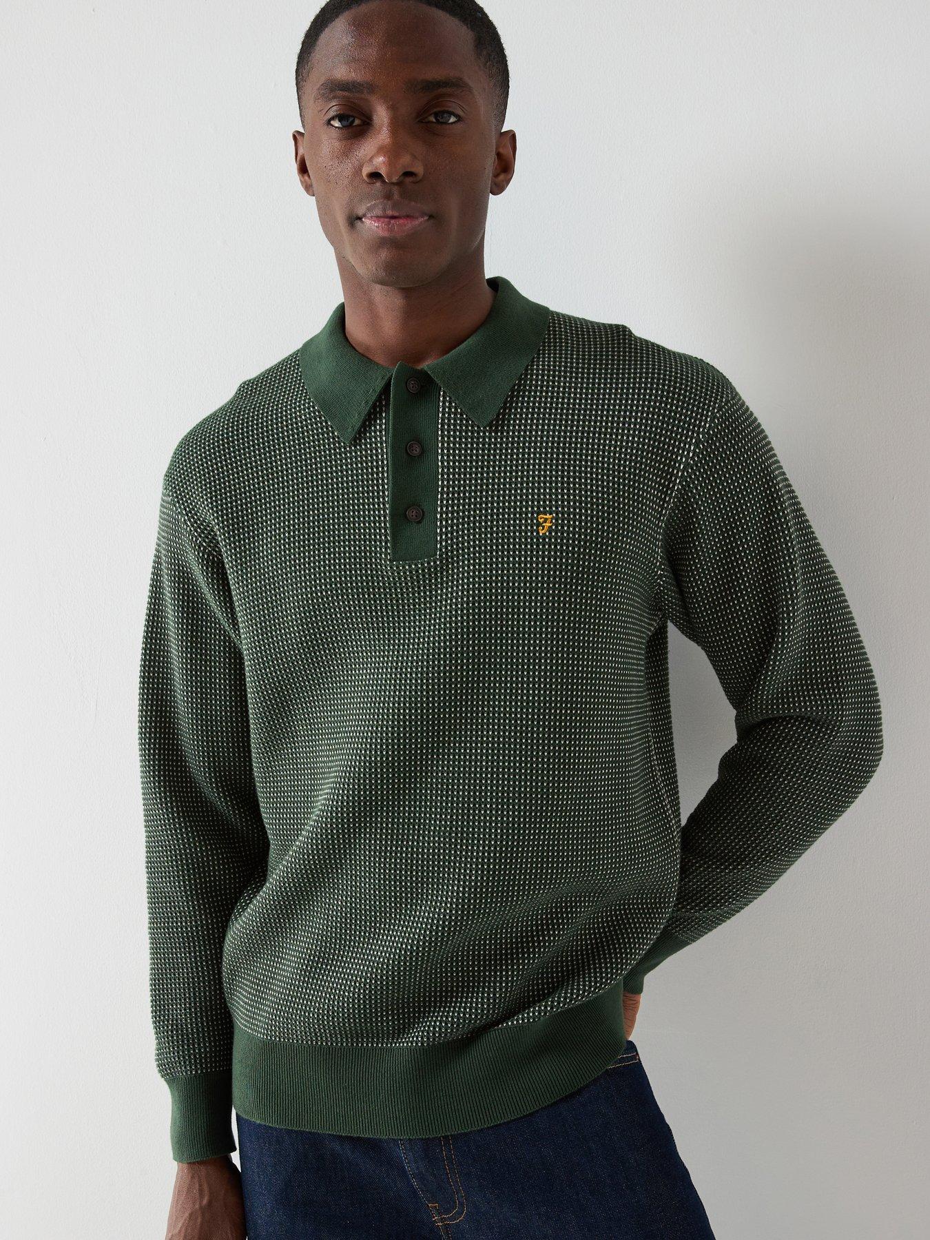 Farah Gateacre Long Sleeve Knitted Polo, Green, Size 2Xl, Men
