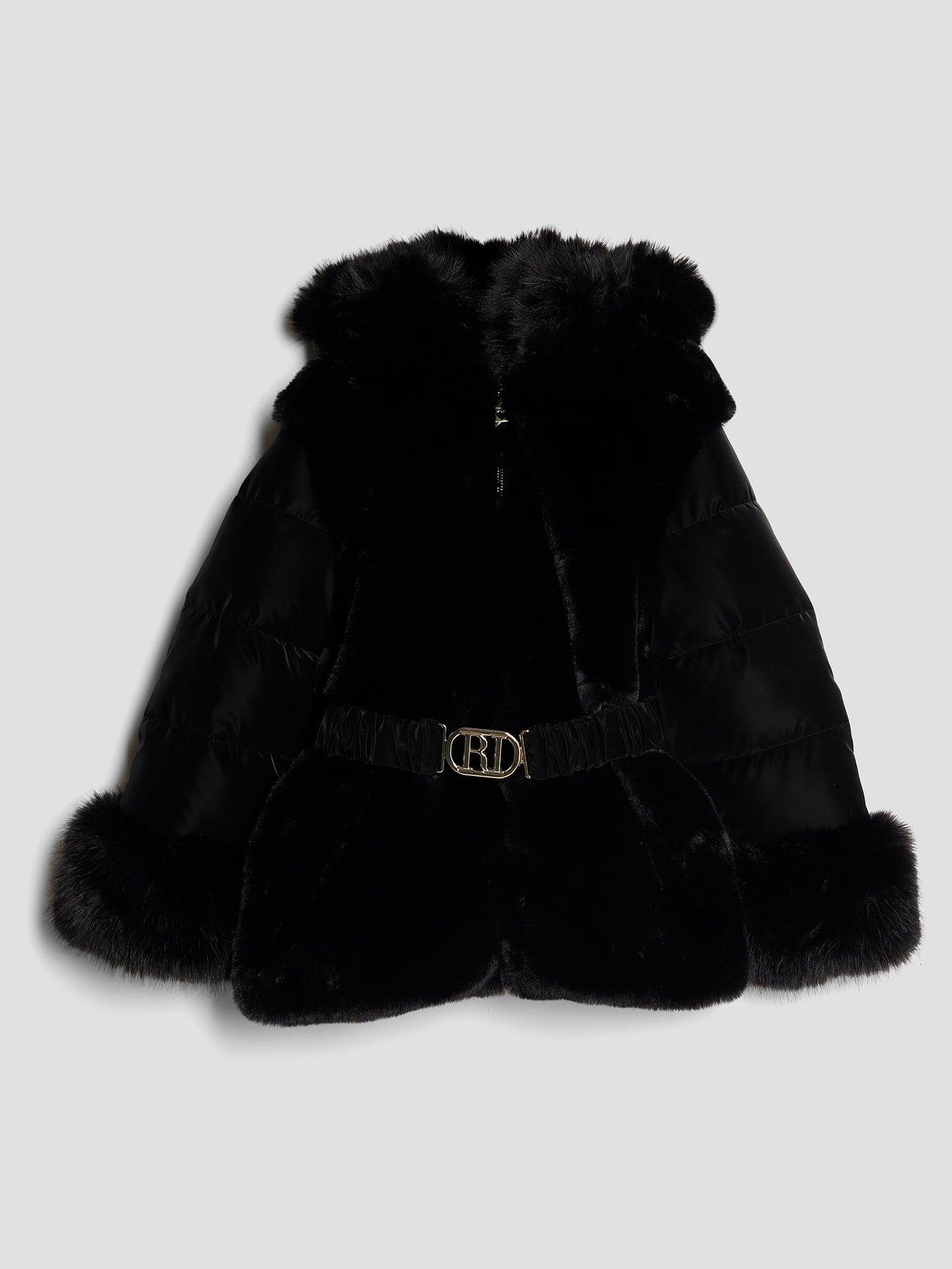 River Island Older Girls Belted Faux Fur Padded Coat - Black
