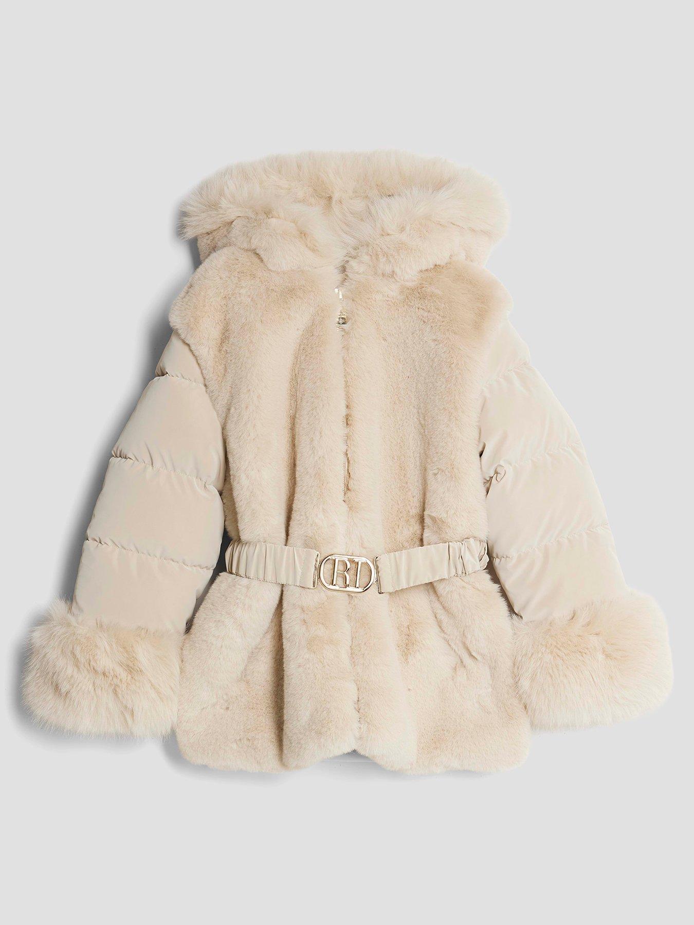 River Island Older Girls Belted Faux Fur Padded Coat - Cream