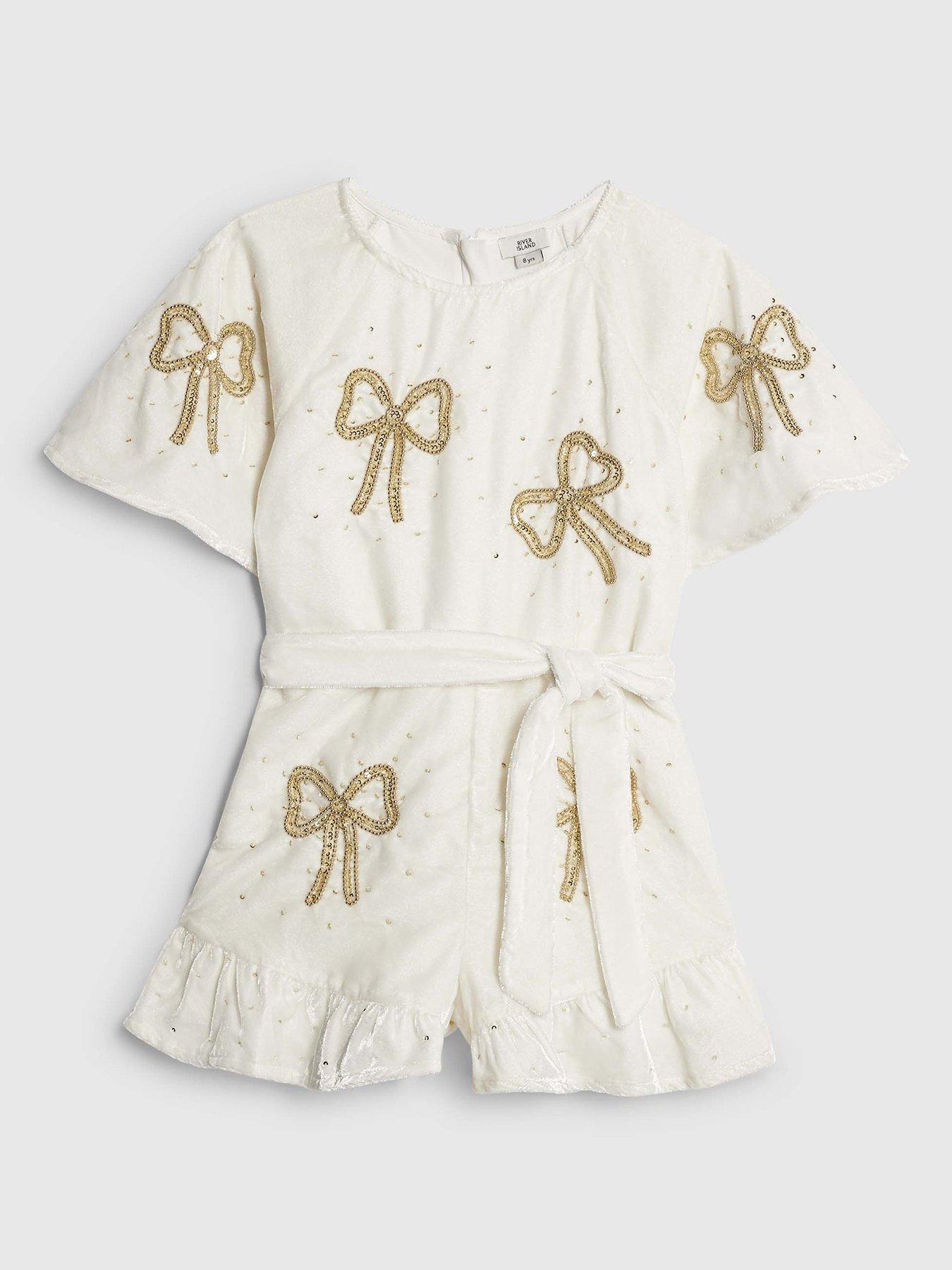 River Island Older Girls Velvet Bow Embellished Playsuit - Cream