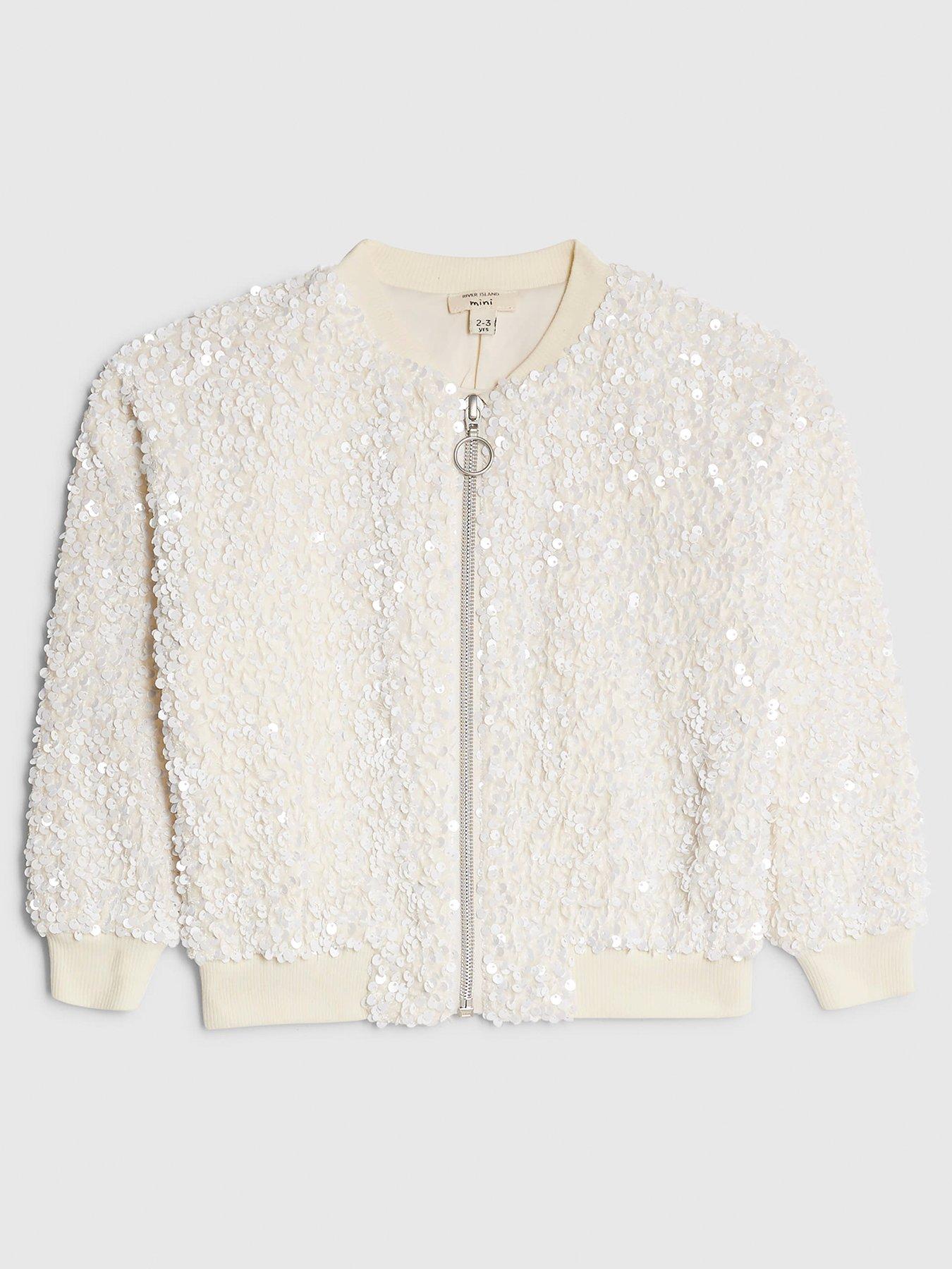 River Island Mini Girls Sequin Bomber Jacket - White