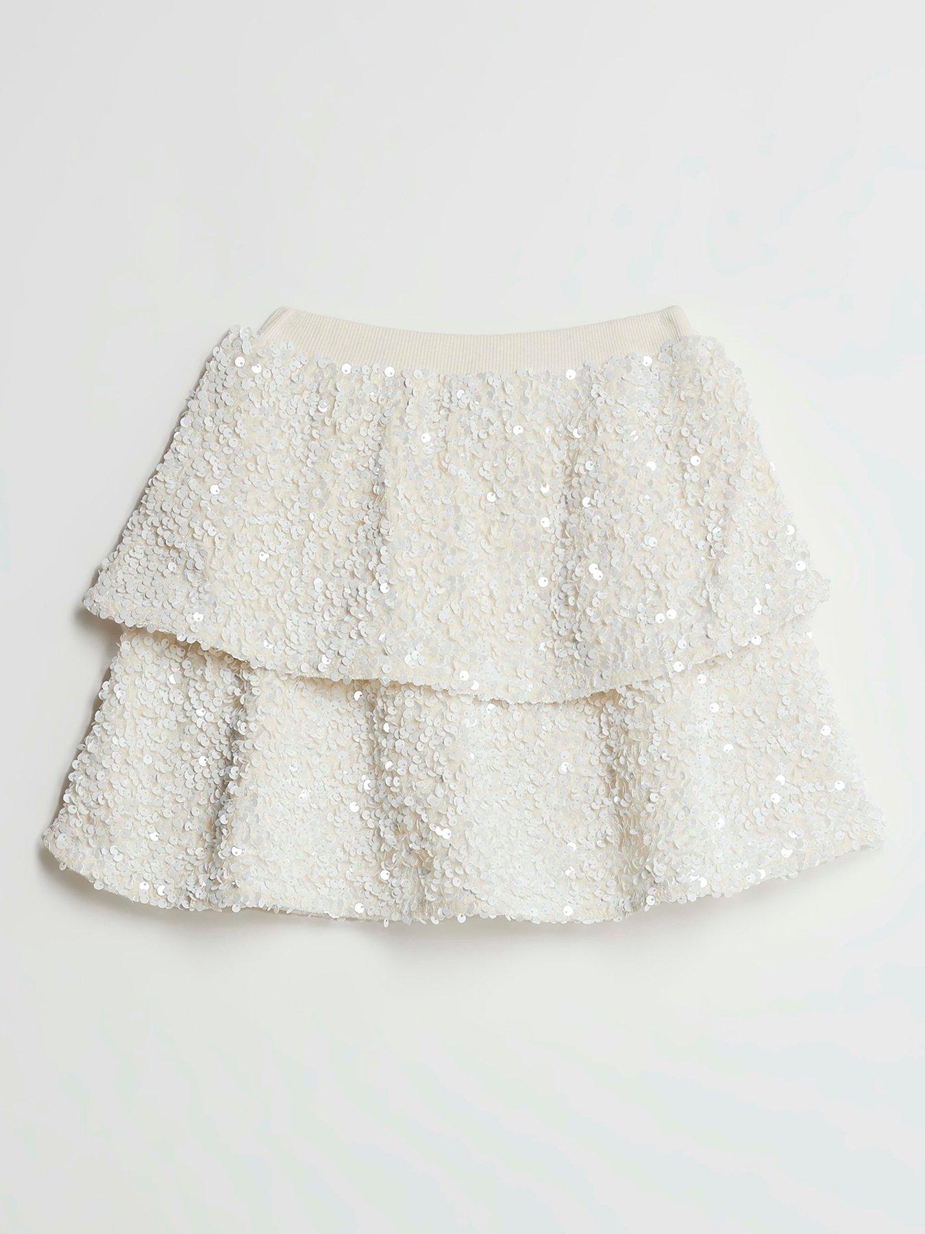 Image 1 of 4 of River Island Mini Girls Sequin Frill Skirt - White