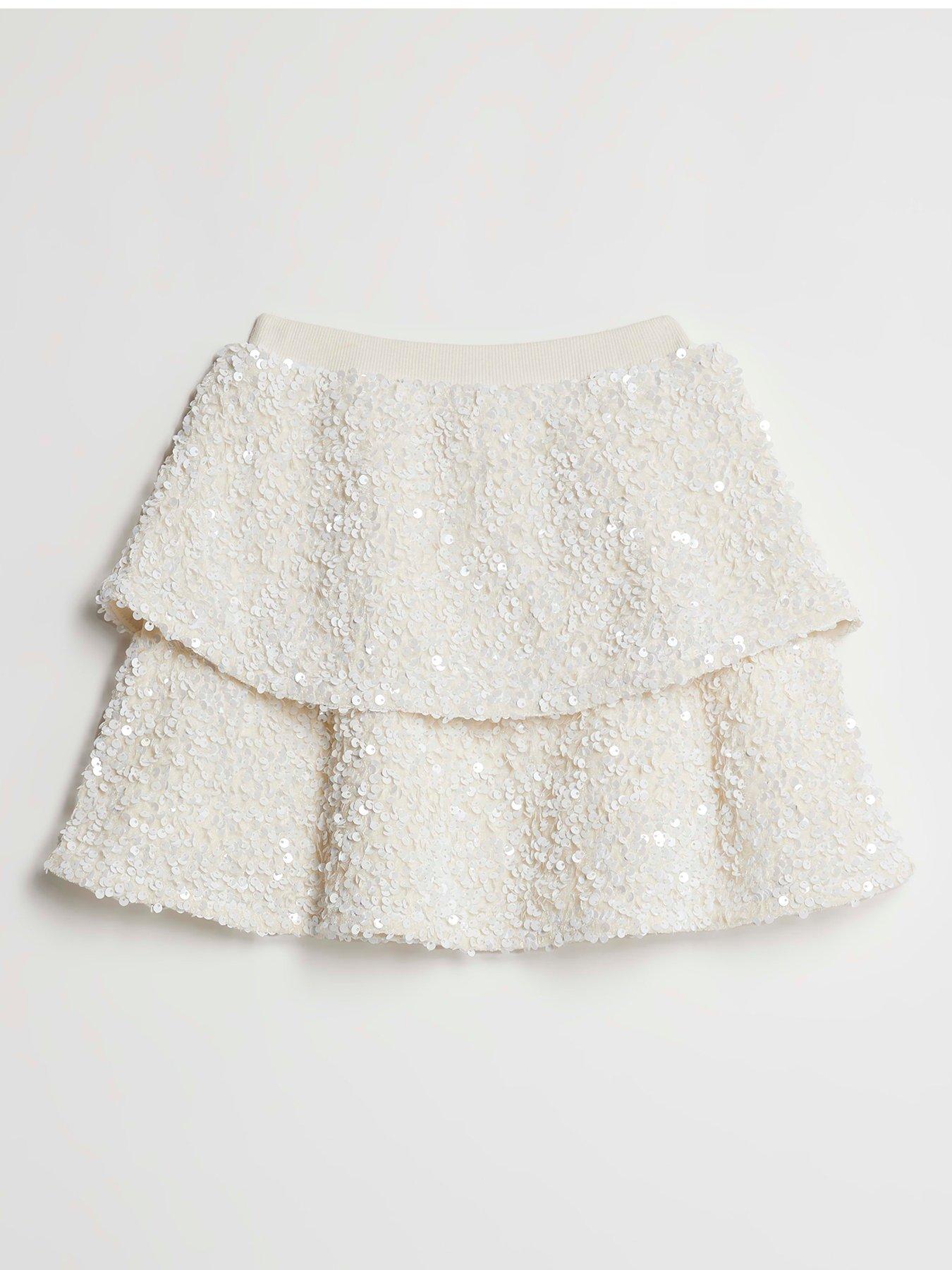 Image 2 of 4 of River Island Mini Girls Sequin Frill Skirt - White