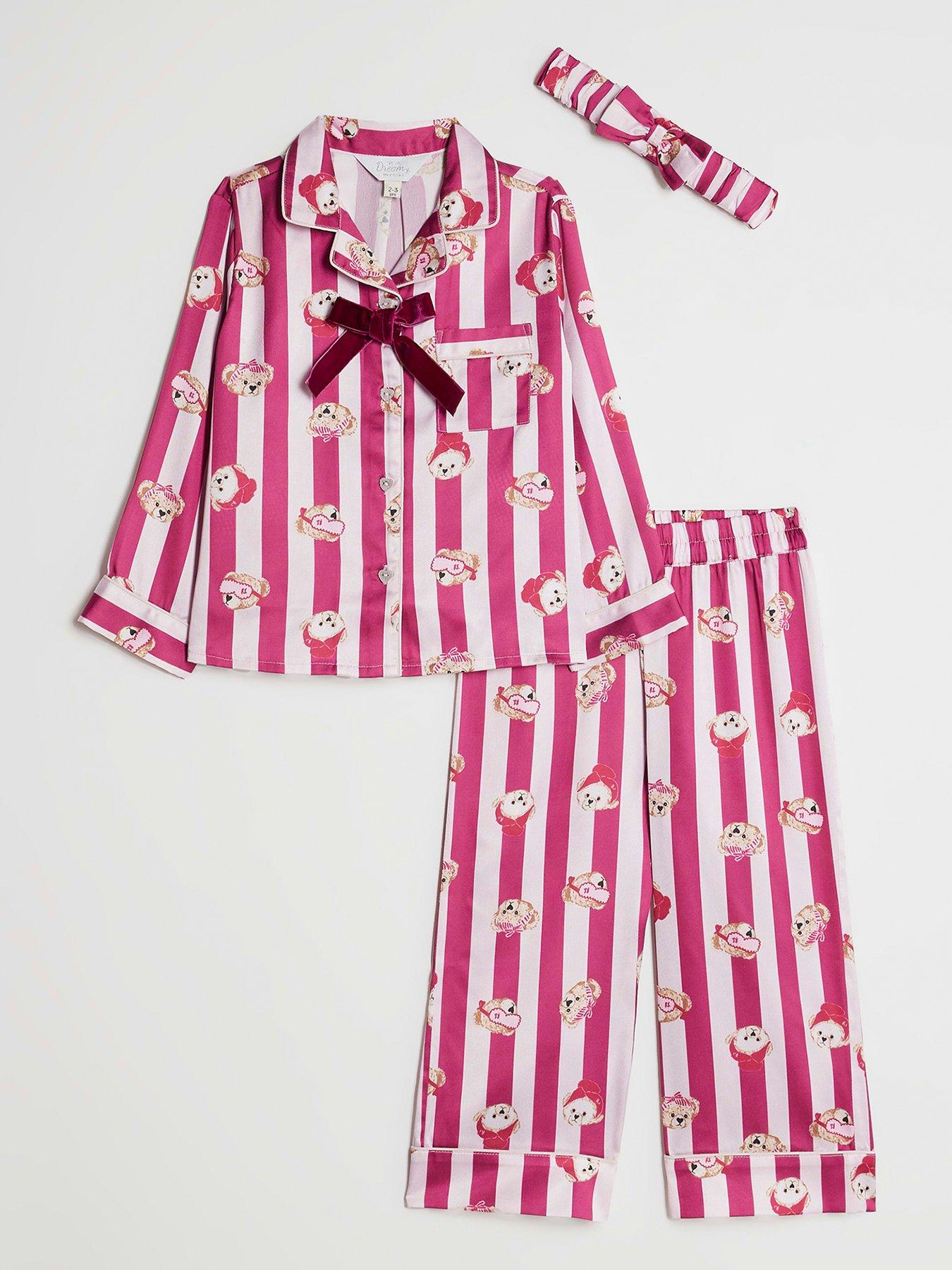 Image 1 of 5 of River Island Mini Girls Teddy Stripe Satin Pyjamas - Pink