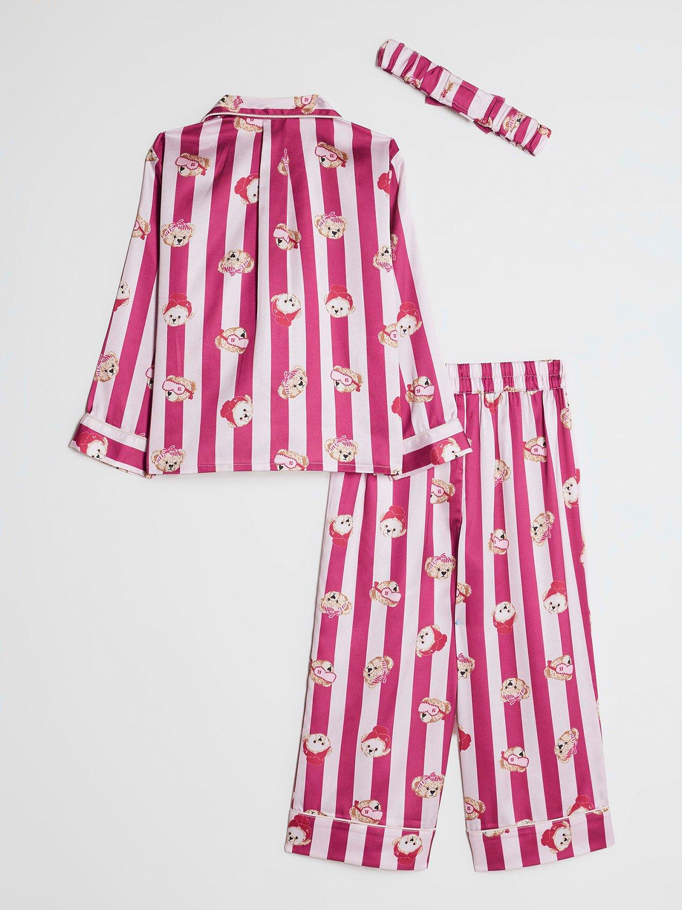 Image 2 of 5 of River Island Mini Girls Teddy Stripe Satin Pyjamas - Pink