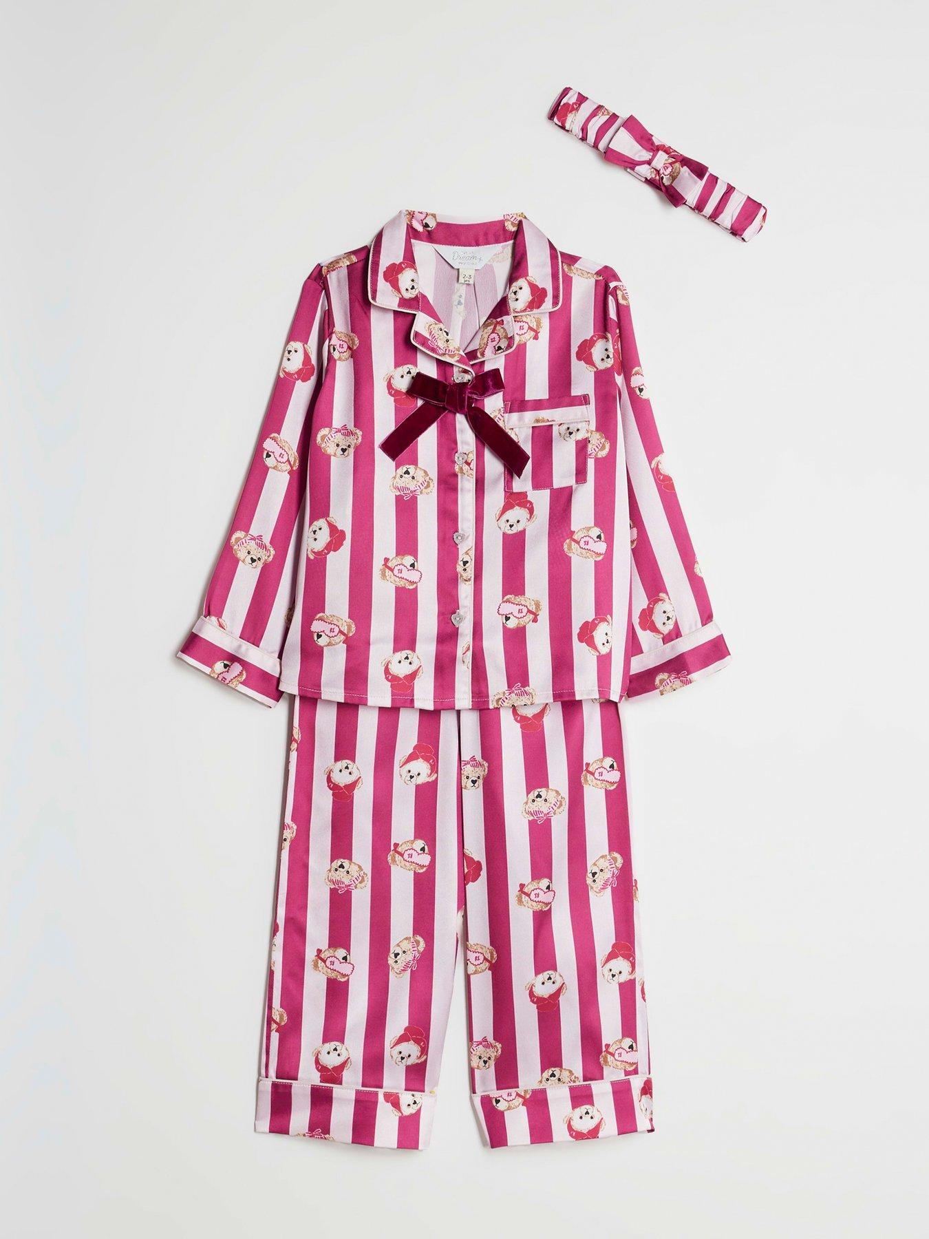 Image 3 of 5 of River Island Mini Girls Teddy Stripe Satin Pyjamas - Pink