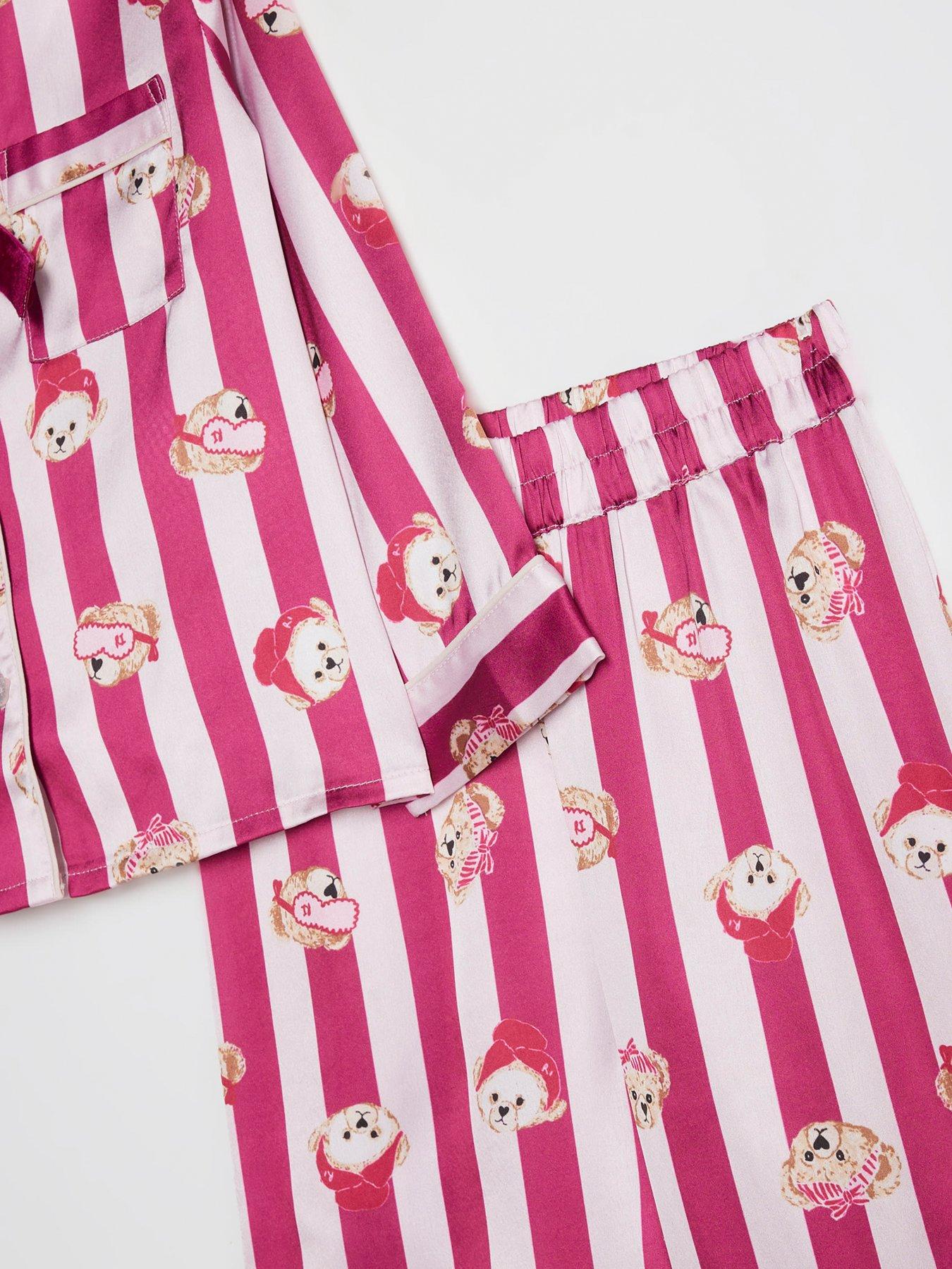 Image 4 of 5 of River Island Mini Girls Teddy Stripe Satin Pyjamas - Pink