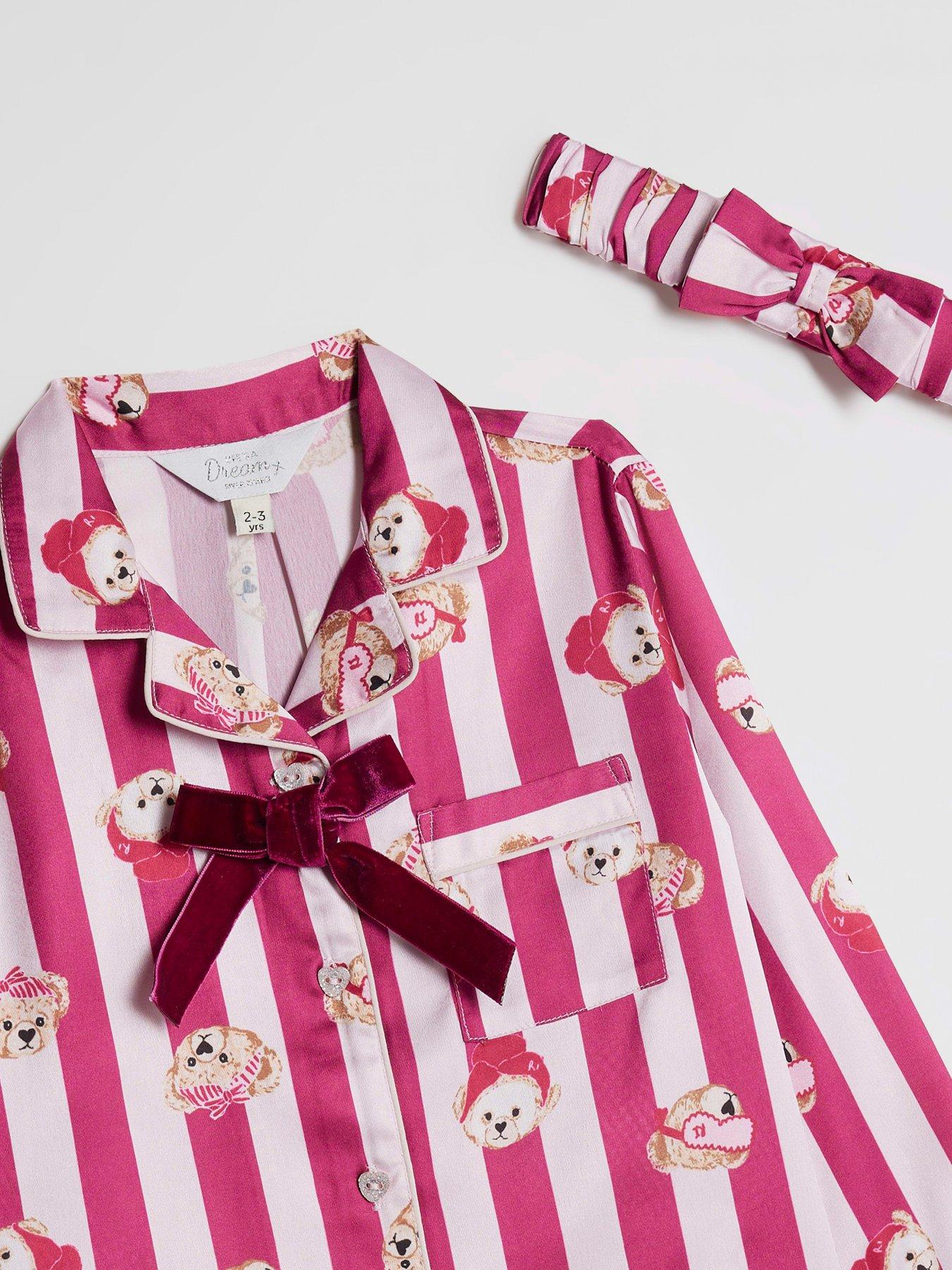 Image 5 of 5 of River Island Mini Girls Teddy Stripe Satin Pyjamas - Pink