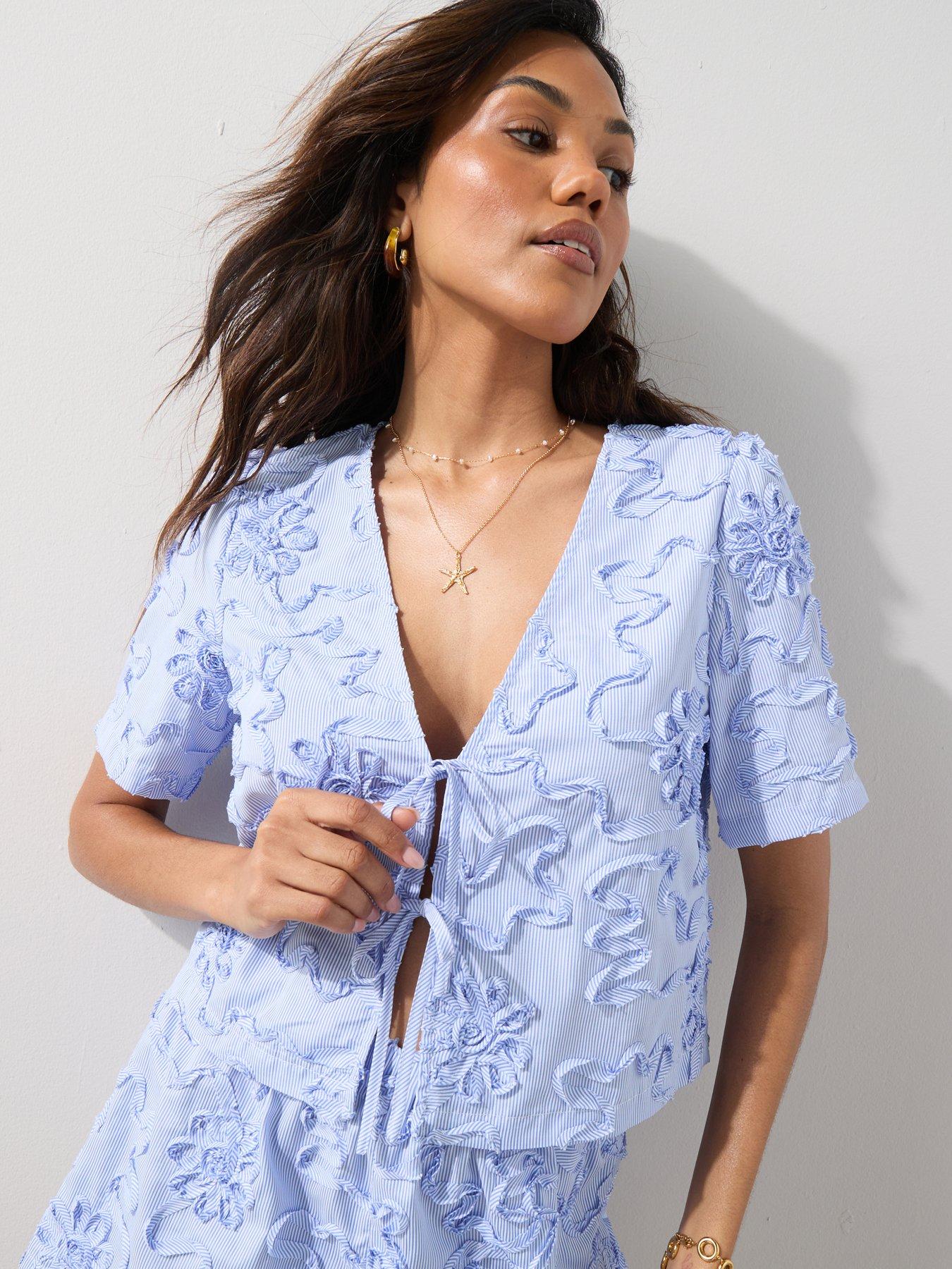 Image 1 of 7 of The Very Collection Stripe Floral Short Sleeve Shirt - Blue