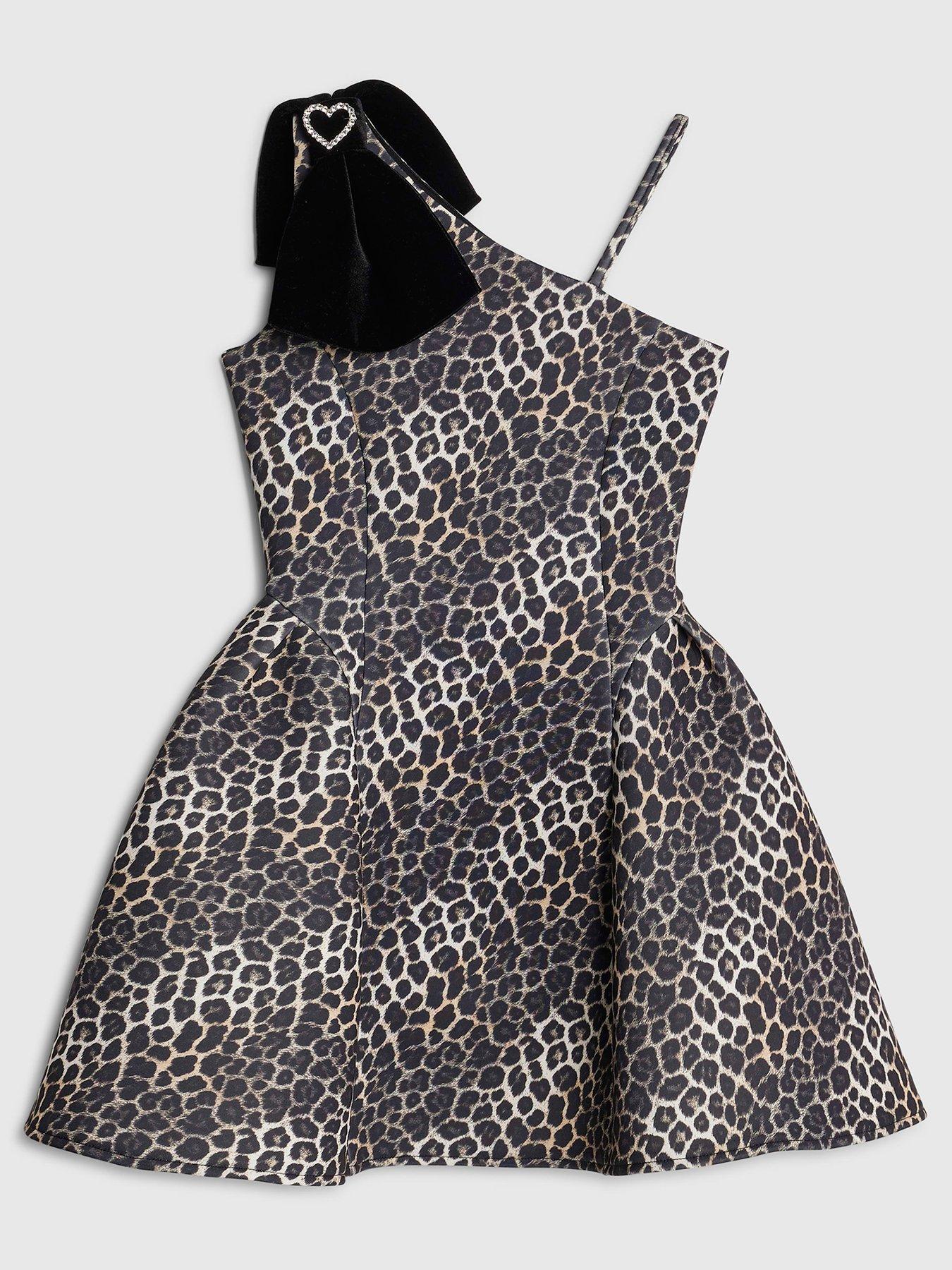 River Island Older Girls Leopard One Shoulder Bow Dress - Brown