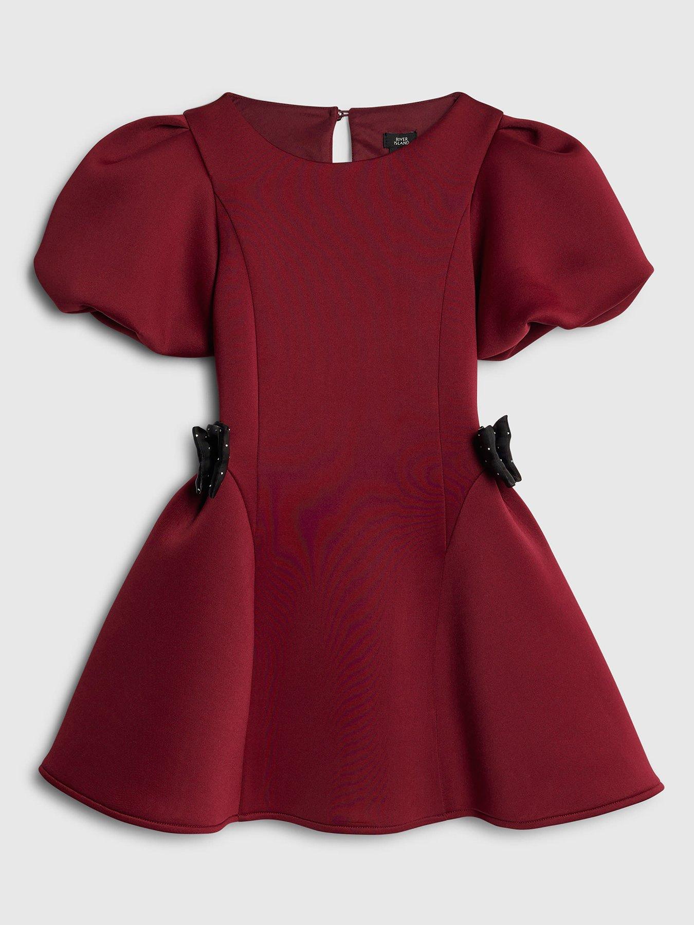 Image 1 of 4 of River Island Older Girls Bow Puff Sleeve Dress - Red