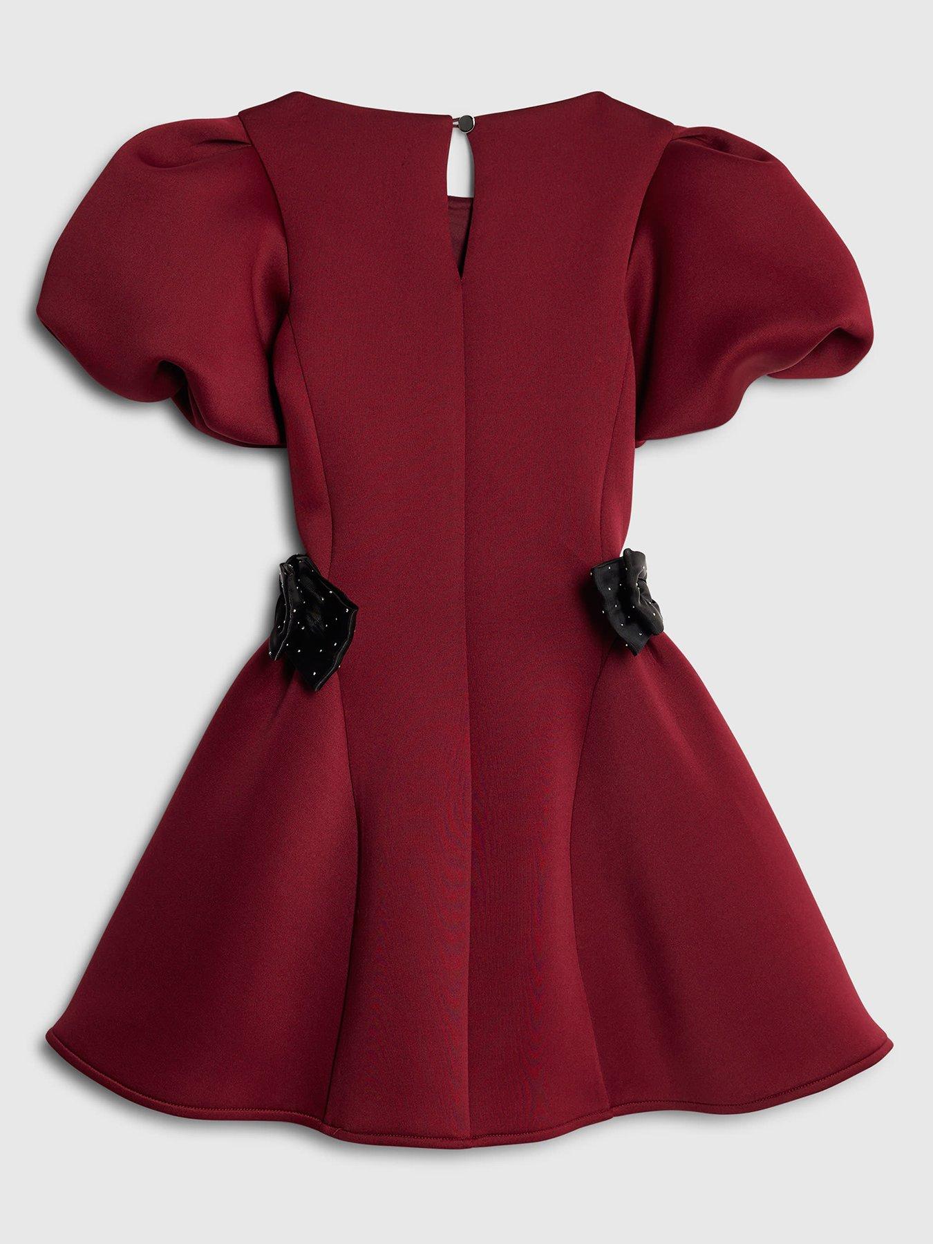 Image 2 of 4 of River Island Older Girls Bow Puff Sleeve Dress - Red