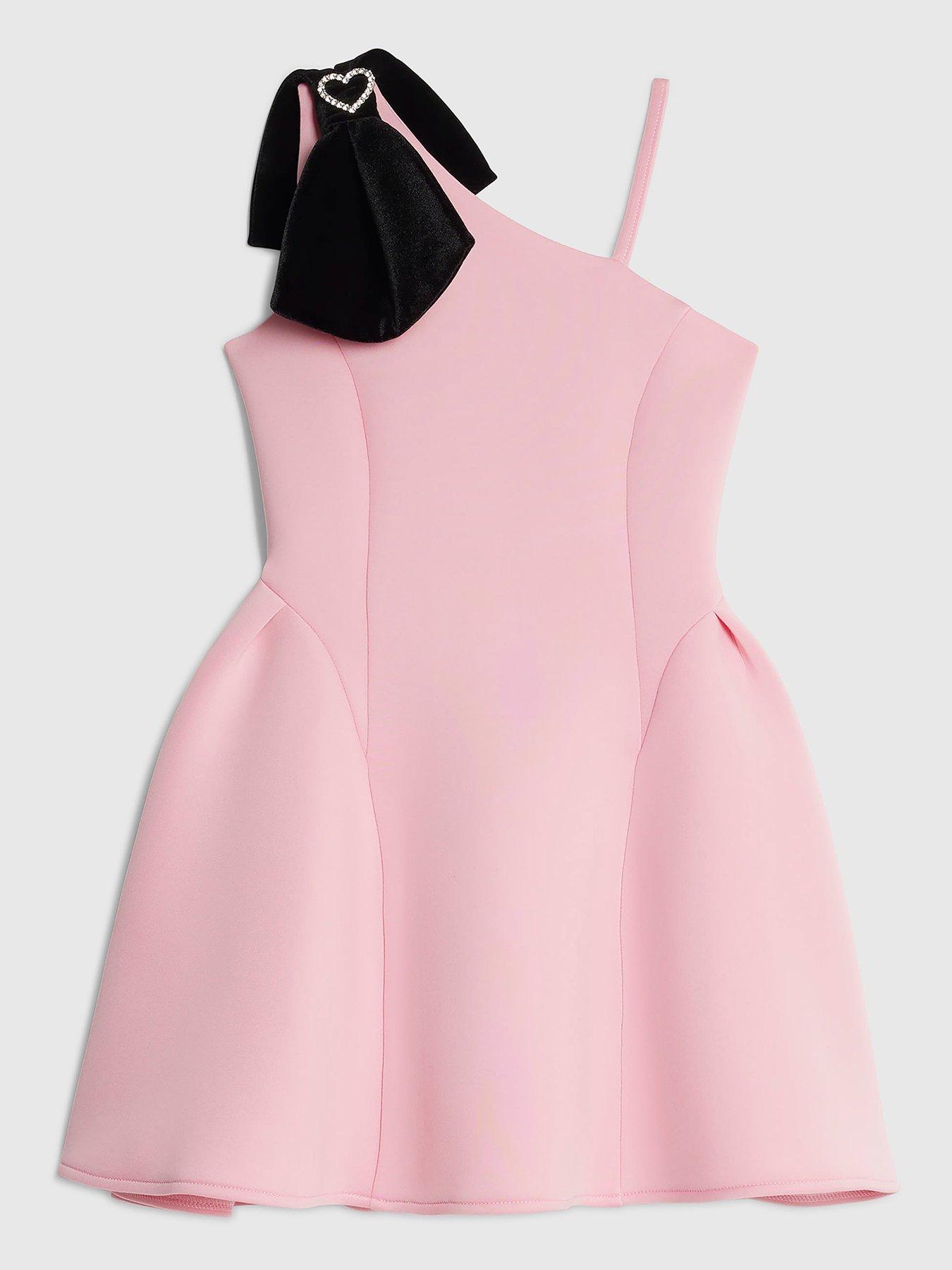 River Island Older Girls One Shoulder Bow Scuba Dress - Pink