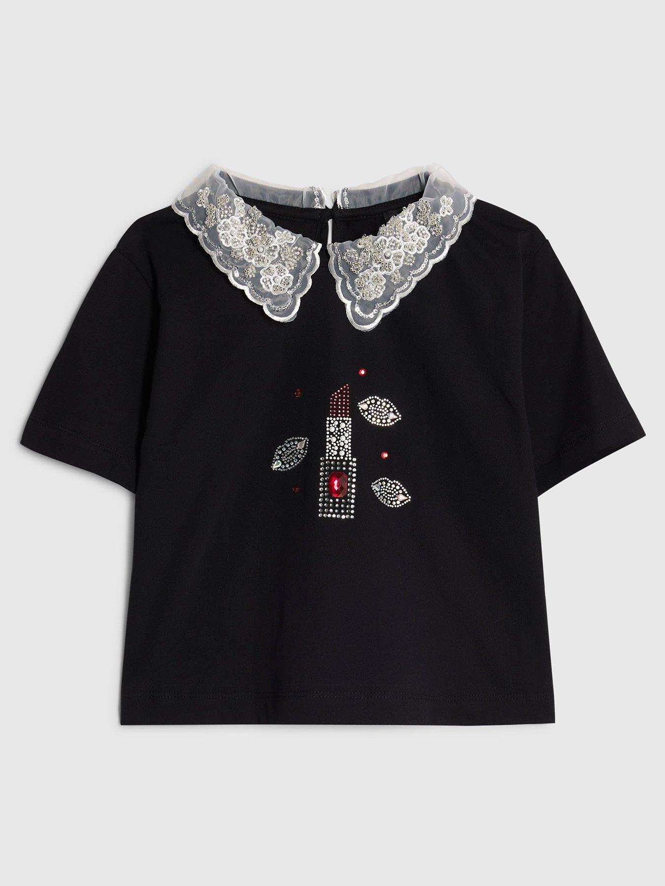 River Island Older Girls Lace Collar Beauty Diamante T-Shirt - Black